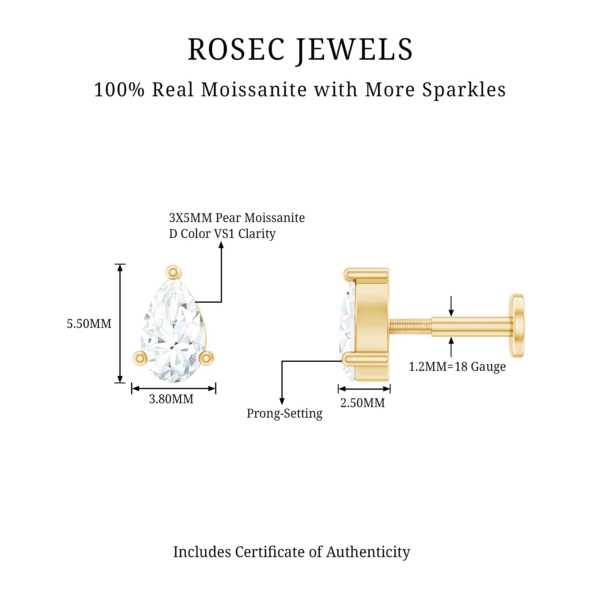 Pear Shape Moissanite Solitaire Conch Earring D-VS1 - Rosec Jewels