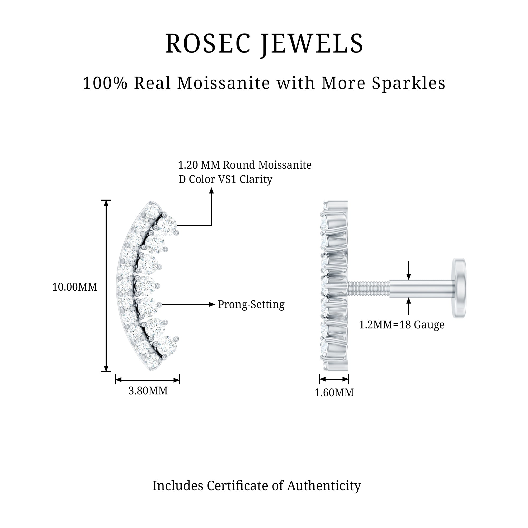 Certified Moissanite Curved Earring for Cartilage Piercing D-VS1 - Rosec Jewels