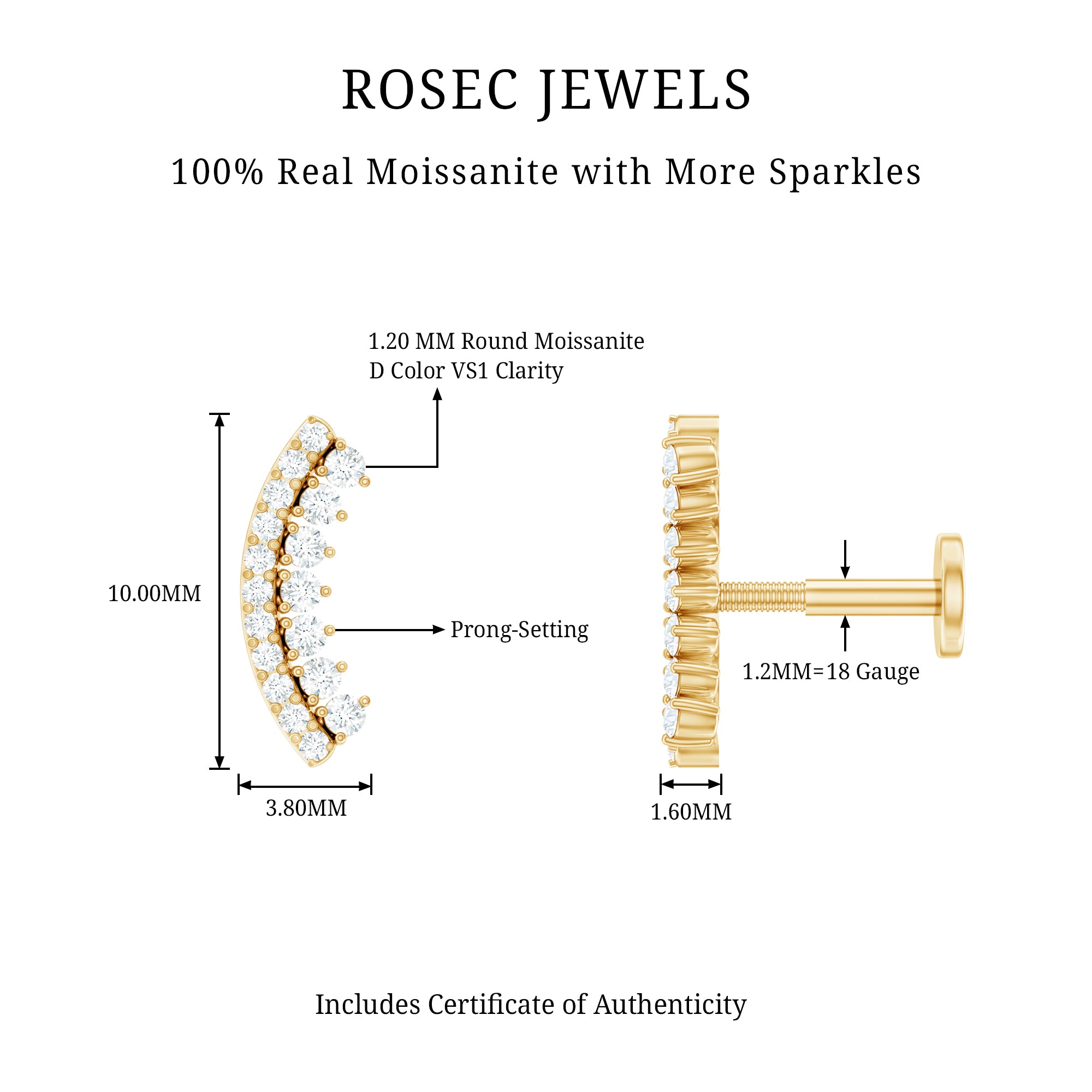Certified Moissanite Curved Earring for Cartilage Piercing D-VS1 - Rosec Jewels