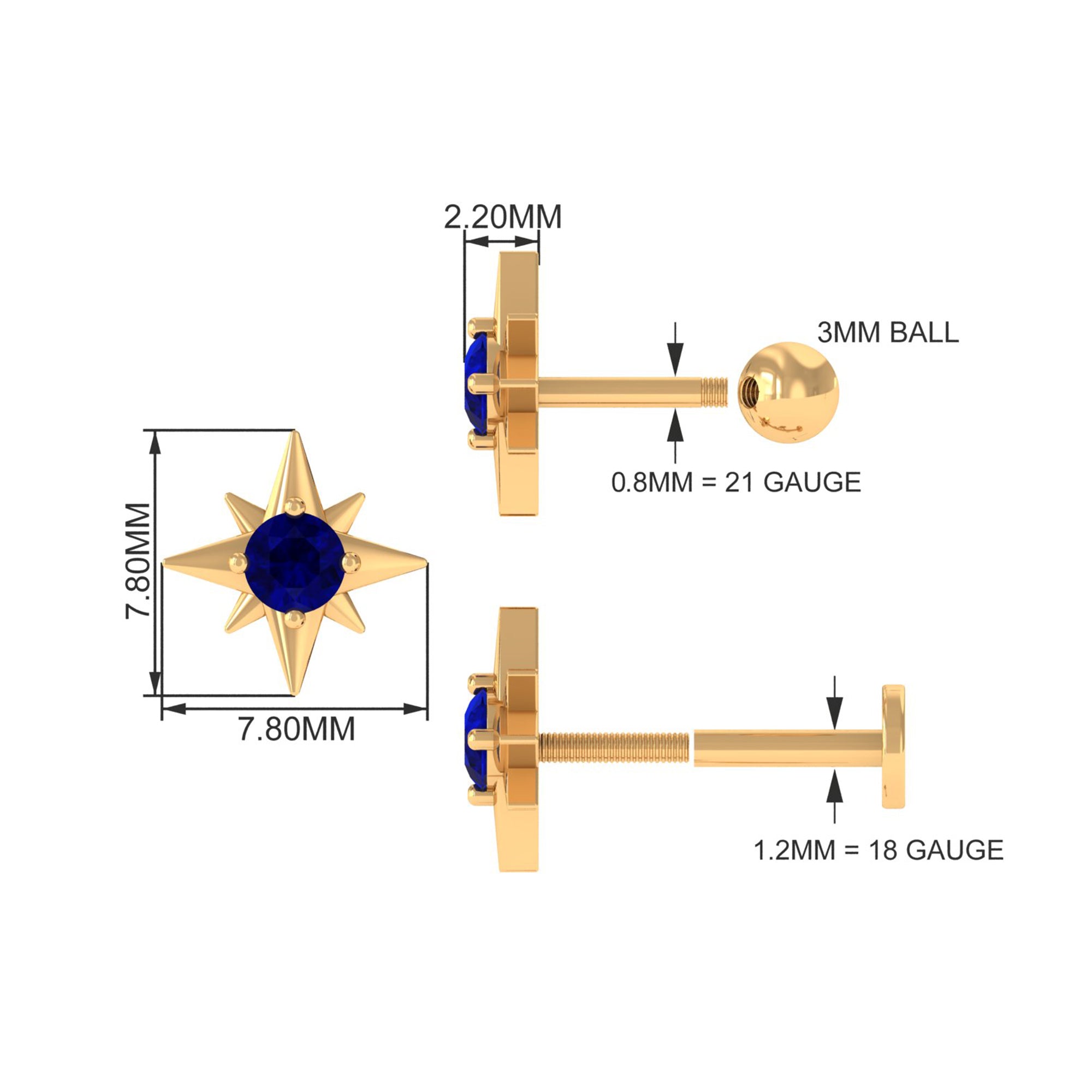 Rosec Jewels-Blue Sapphire Starburst Earring for Conch Piercing