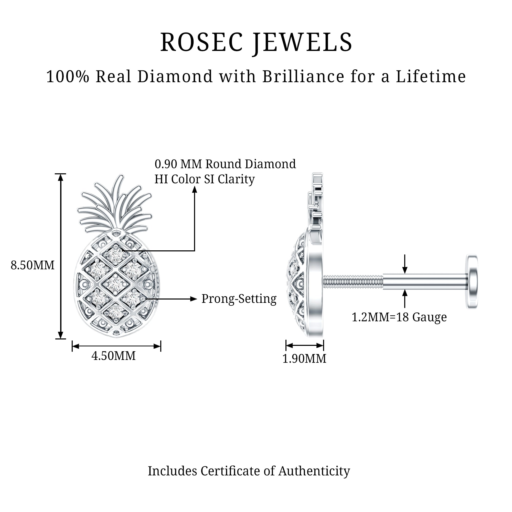 Diamond Pineapple Earring for Cartilage Piercing Natural - ( HI-SI ) - Rosec Jewels
