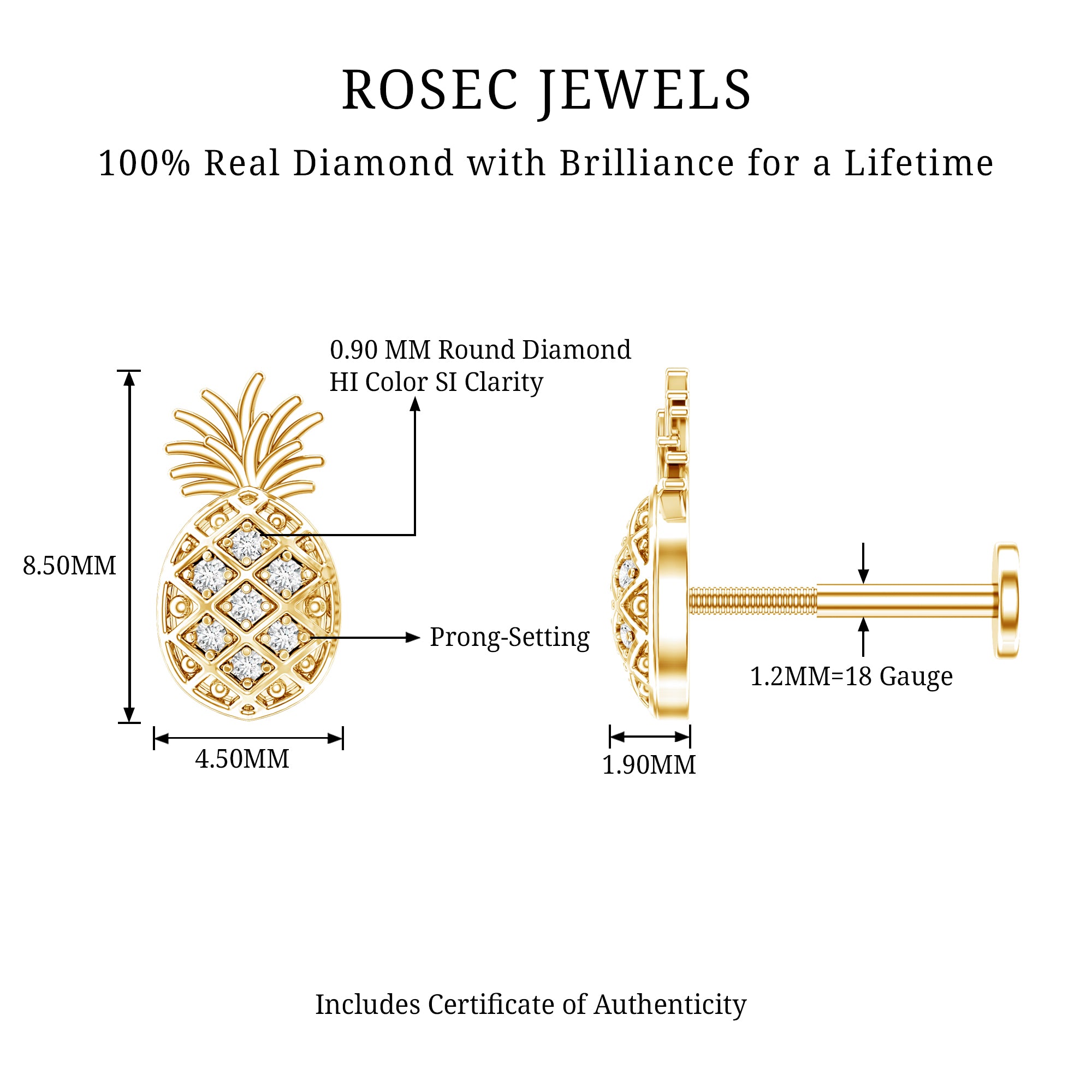 Diamond Pineapple Earring for Cartilage Piercing Natural - ( HI-SI ) - Rosec Jewels