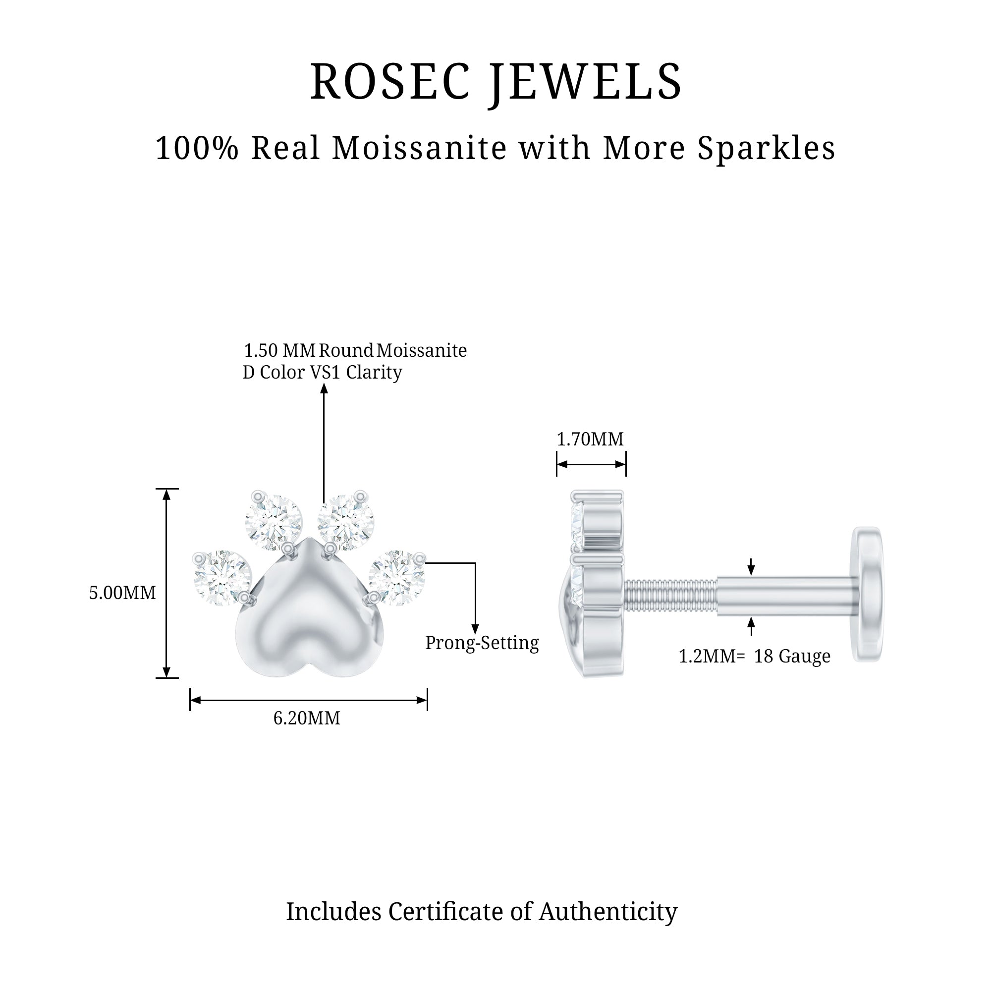 Round Moissanite Heart Paw Earring for Helix Piercing D-VS1 - Rosec Jewels