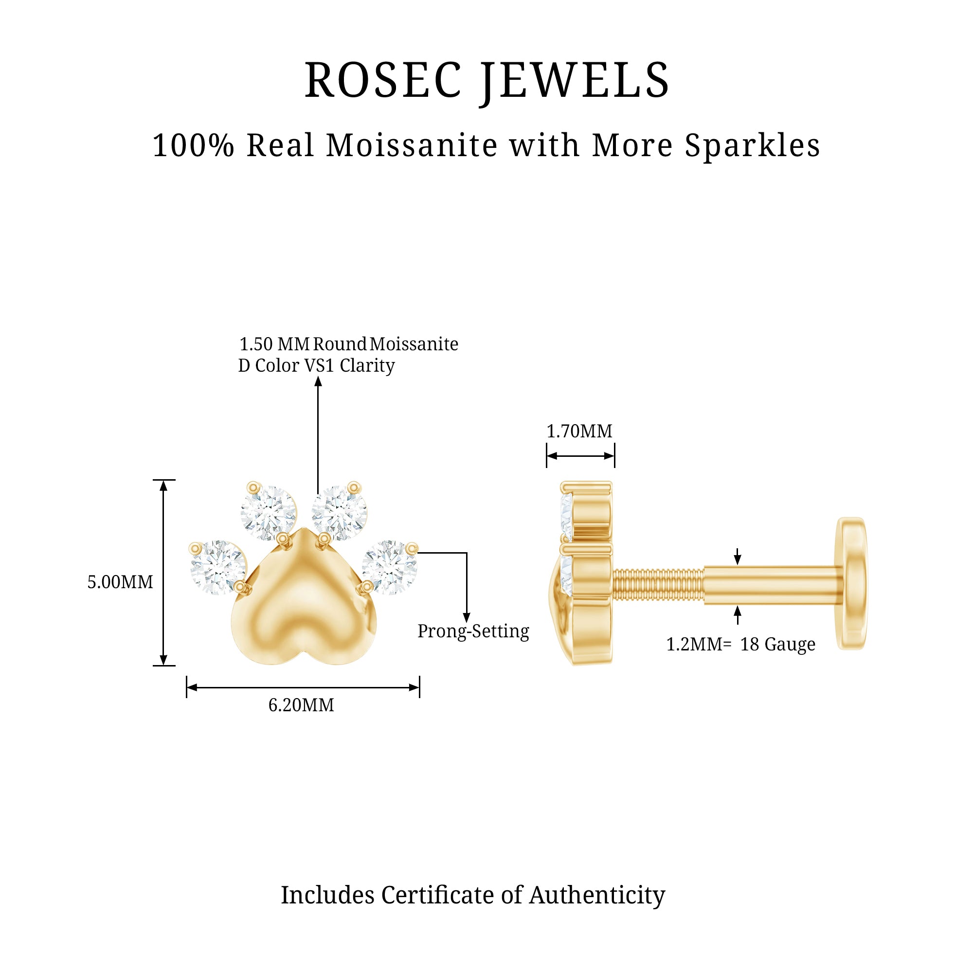 Round Moissanite Heart Paw Earring for Helix Piercing D-VS1 - Rosec Jewels