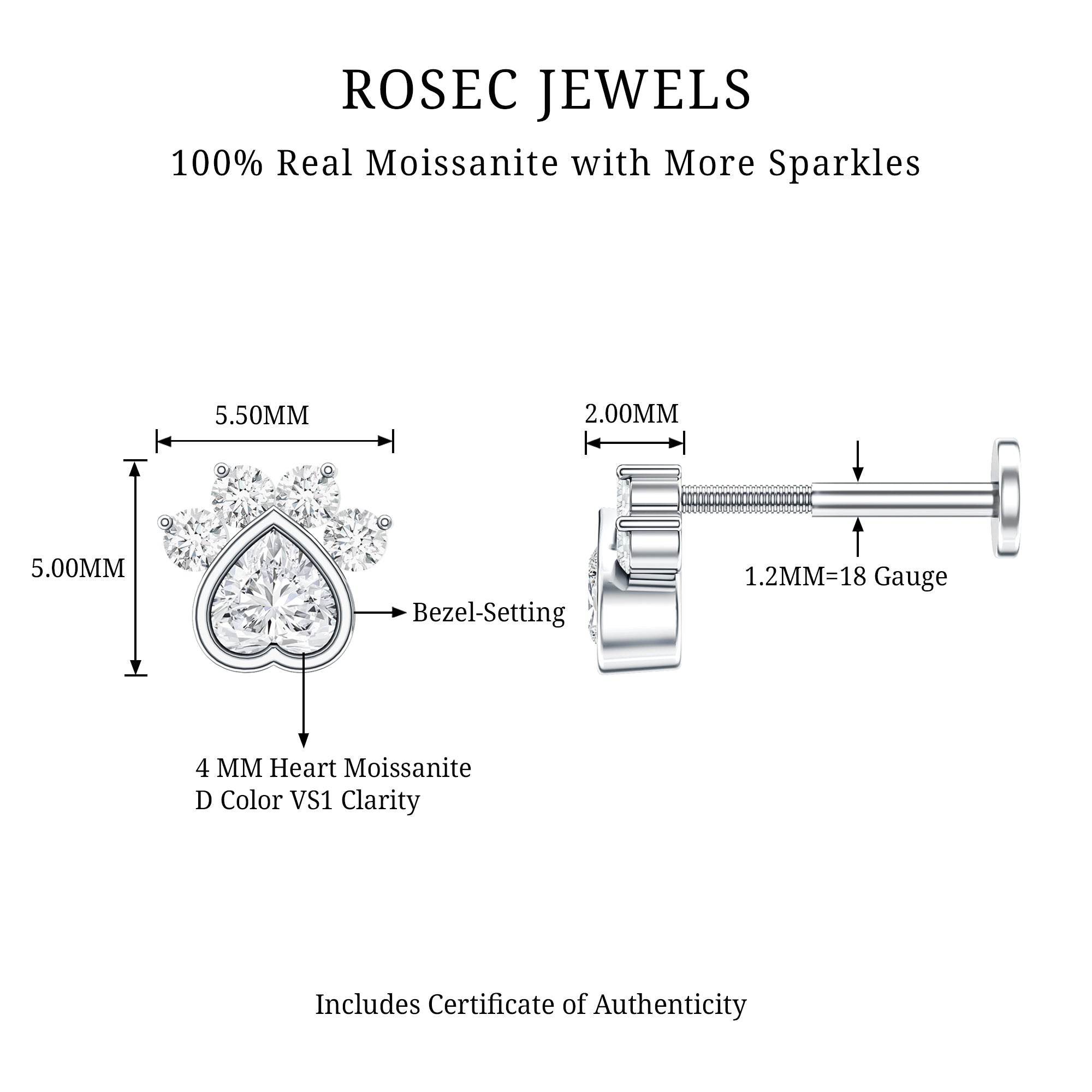 Round and Heart Shape Moissanite Paw Helix Earring D-VS1 - Rosec Jewels