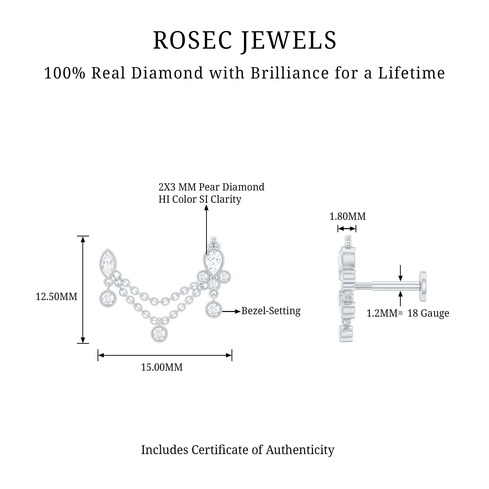Vintage Style Diamond Double Piercing Earring Natural - ( HI-SI ) - Rosec Jewels