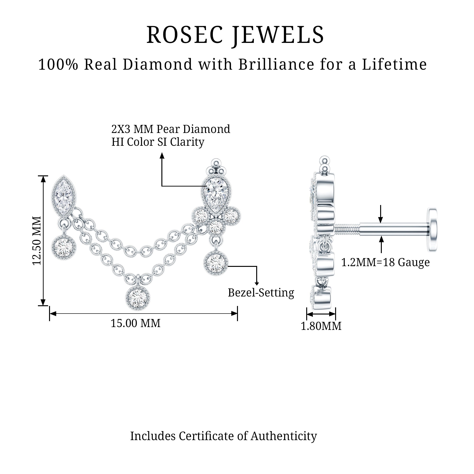Vintage Style Diamond Double Piercing Earring Natural - ( HI-SI ) - Rosec Jewels