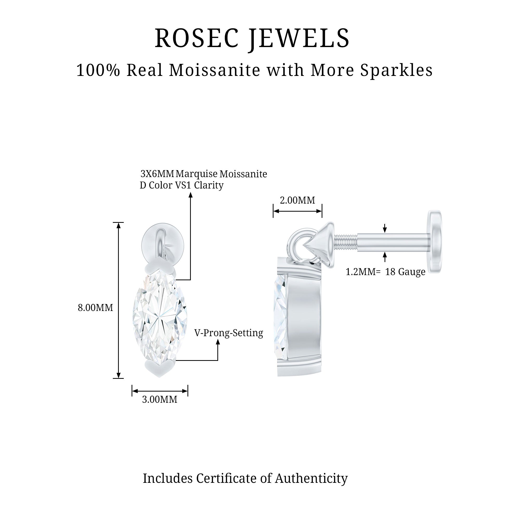 Marquise Moissanite Drop Earring for Tragus Piercing D-VS1 - Rosec Jewels