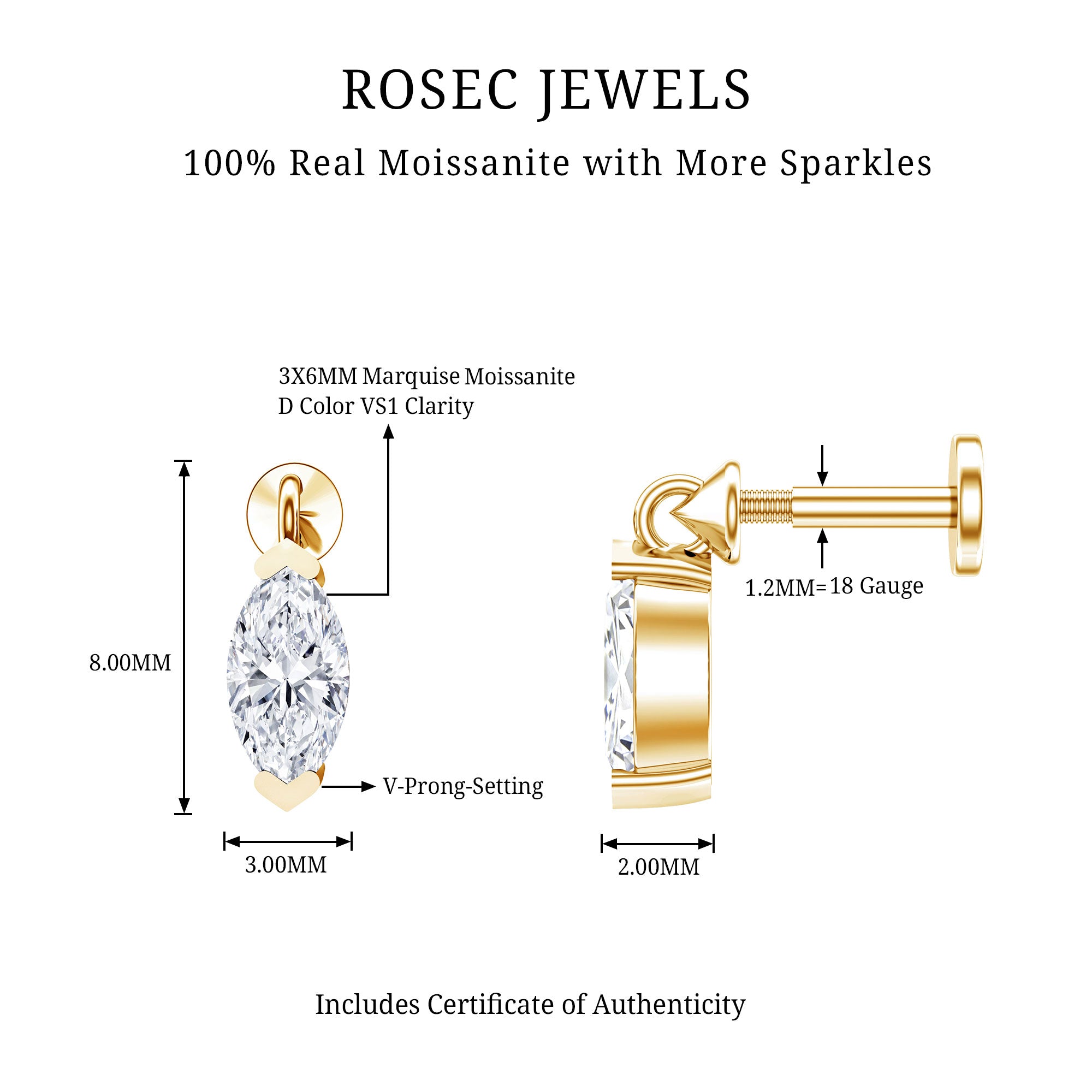 Marquise Moissanite Drop Earring for Tragus Piercing D-VS1 - Rosec Jewels
