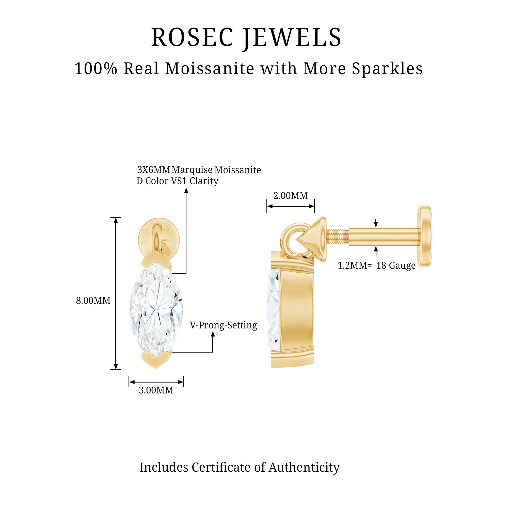 Marquise Moissanite Drop Earring for Tragus Piercing D-VS1 - Rosec Jewels