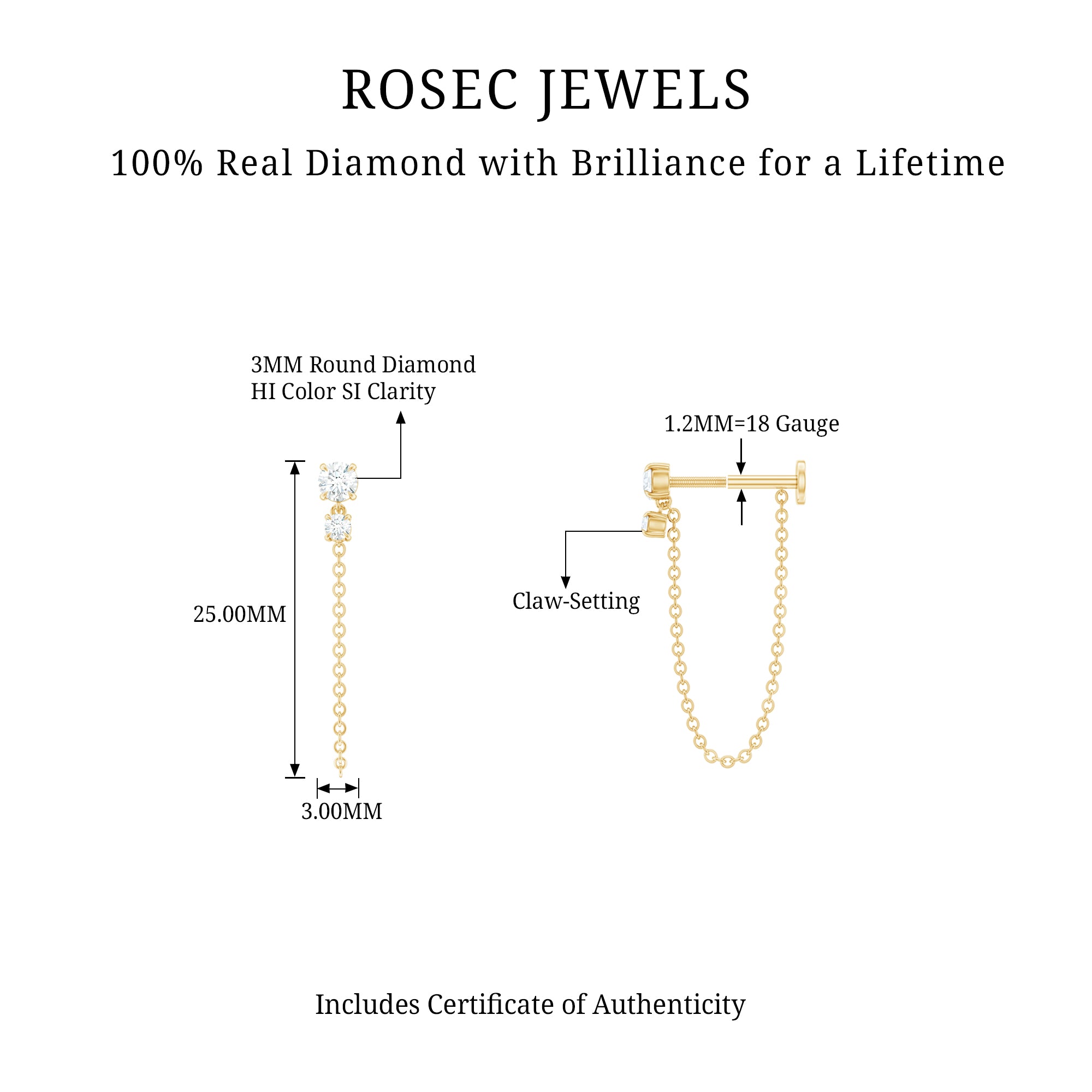 Certified Diamond Chain Drop Earring for Helix Piercing Natural - ( HI-SI ) - Rosec Jewels