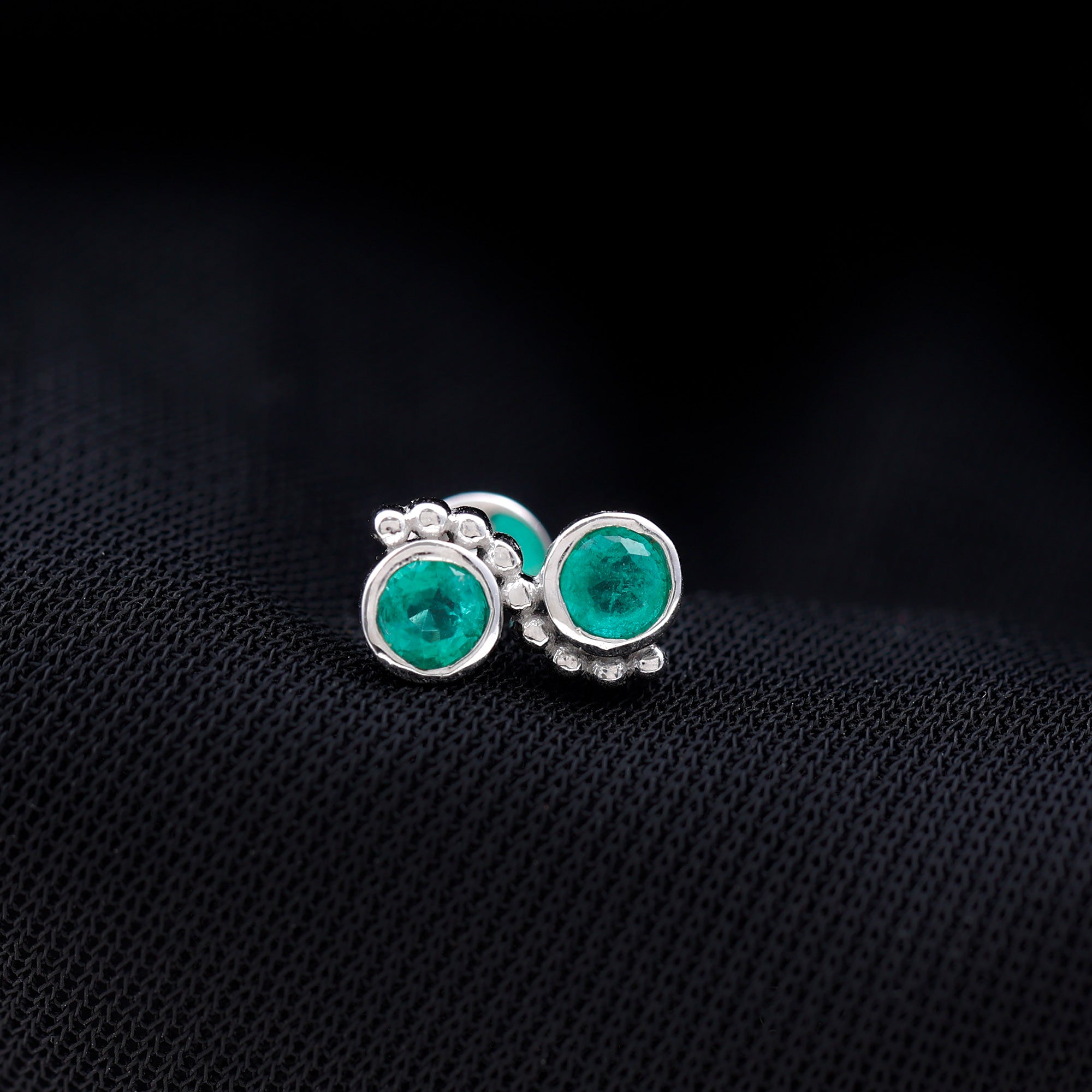 Bezel Set Emerald Two Stone Helix Earring with Beaded Detailing AAA - Rosec Jewels