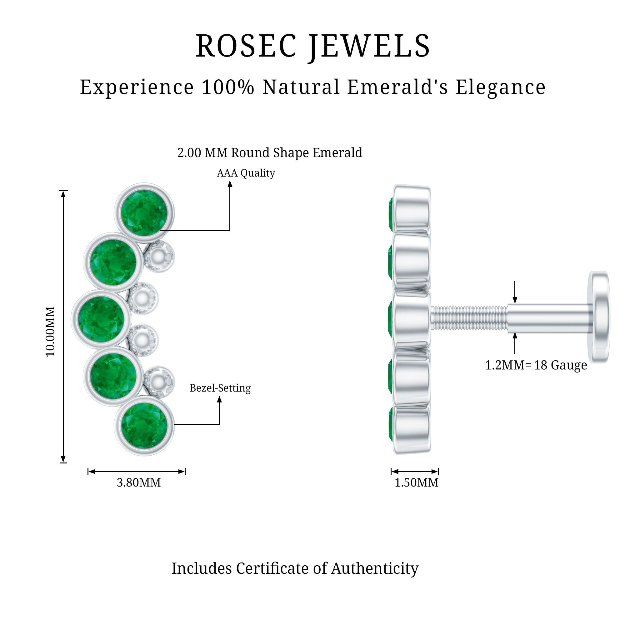 Natural Emerald Curved Climber Earring for Helix Piercing AAA - Rosec Jewels