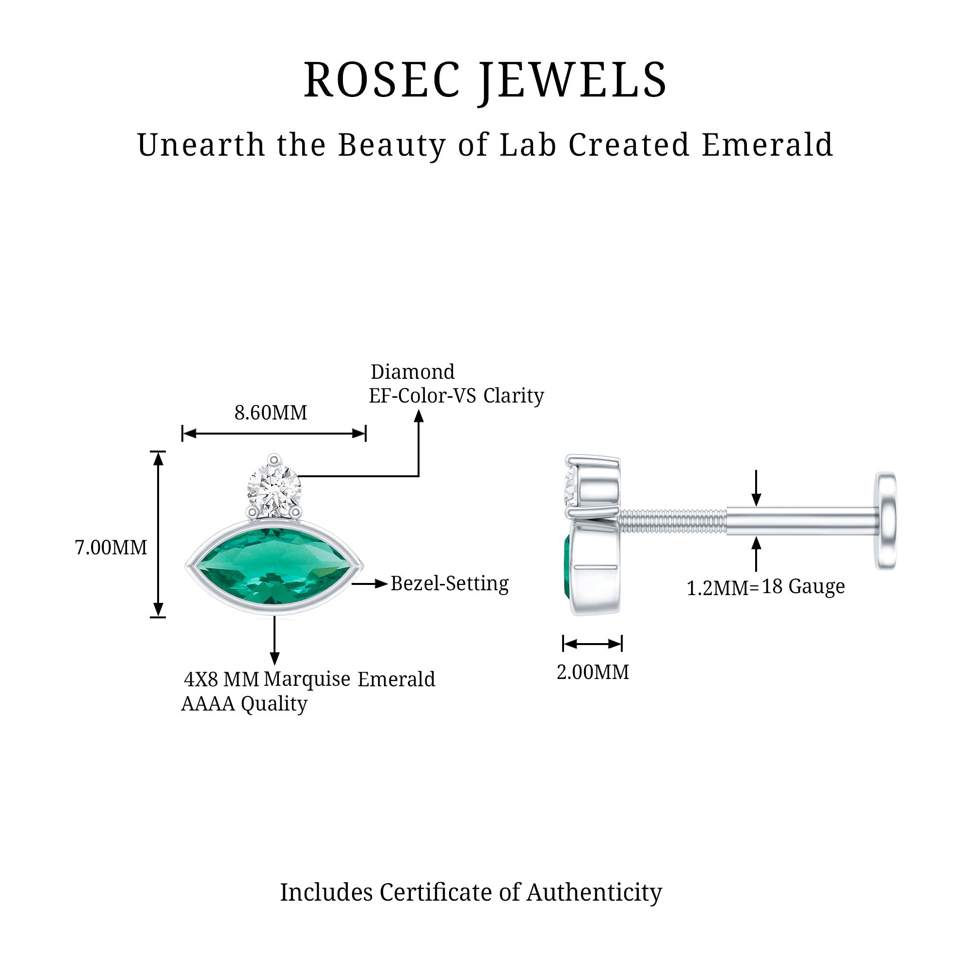 Marquise Cut Lab Grown Emerald Helix Earring with Certificate AAAA - Rosec Jewels