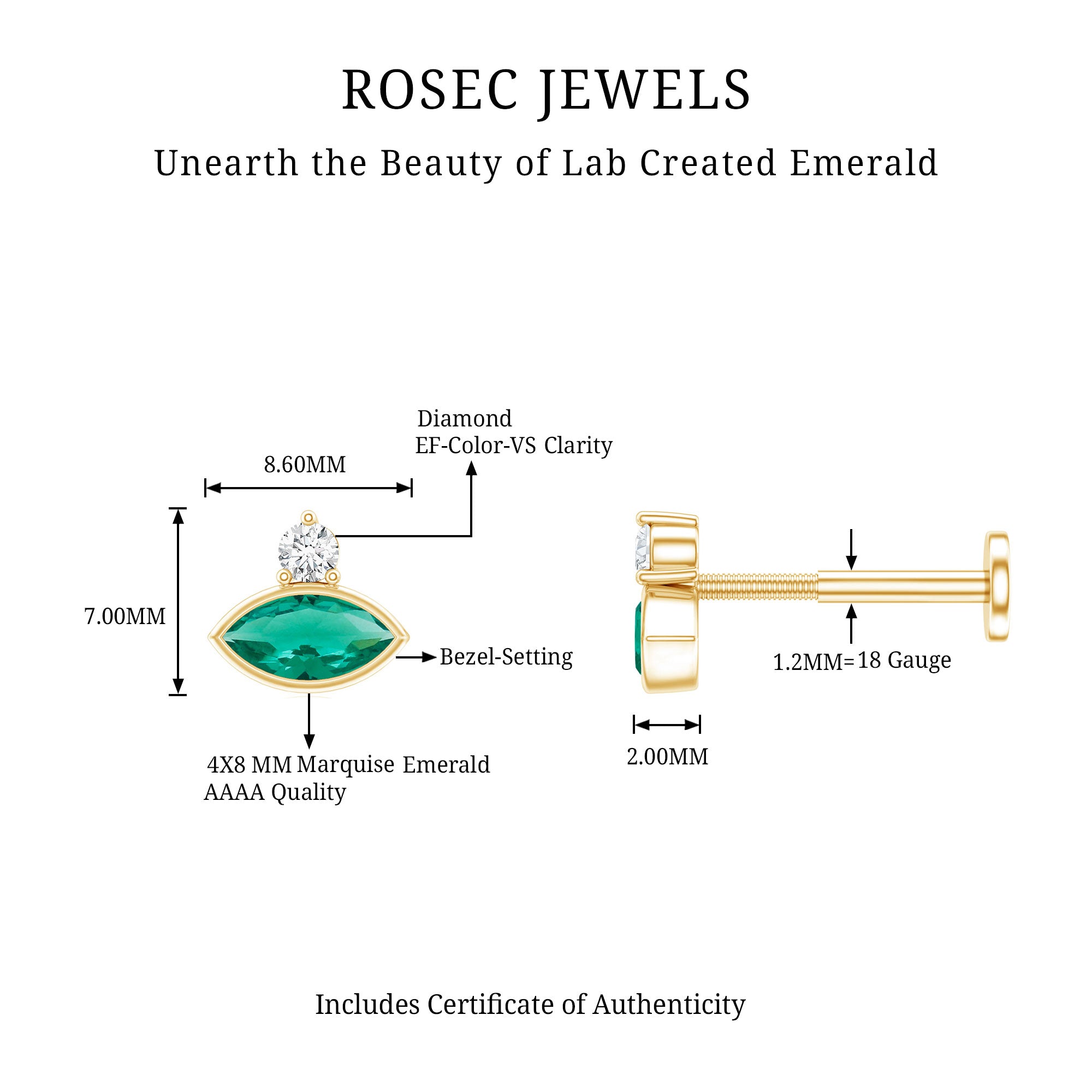 Marquise Cut Lab Grown Emerald Helix Earring with Certificate AAAA - Rosec Jewels