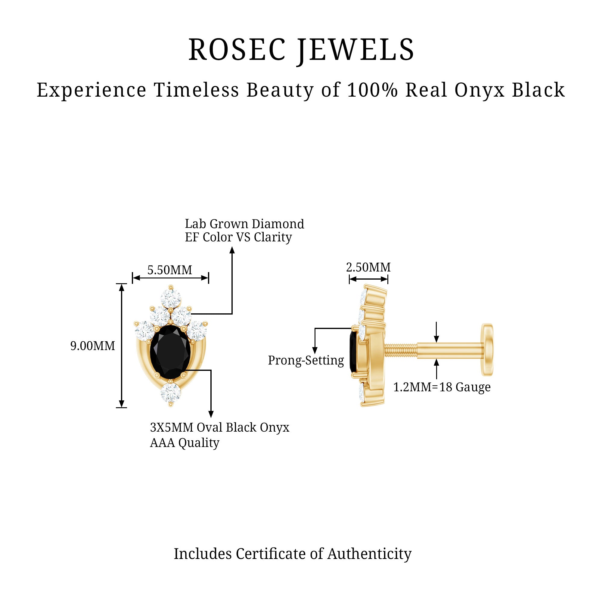 Certified Black Onyx Designer Helix Earring with Lab Grown Diamond AAA - Rosec Jewels