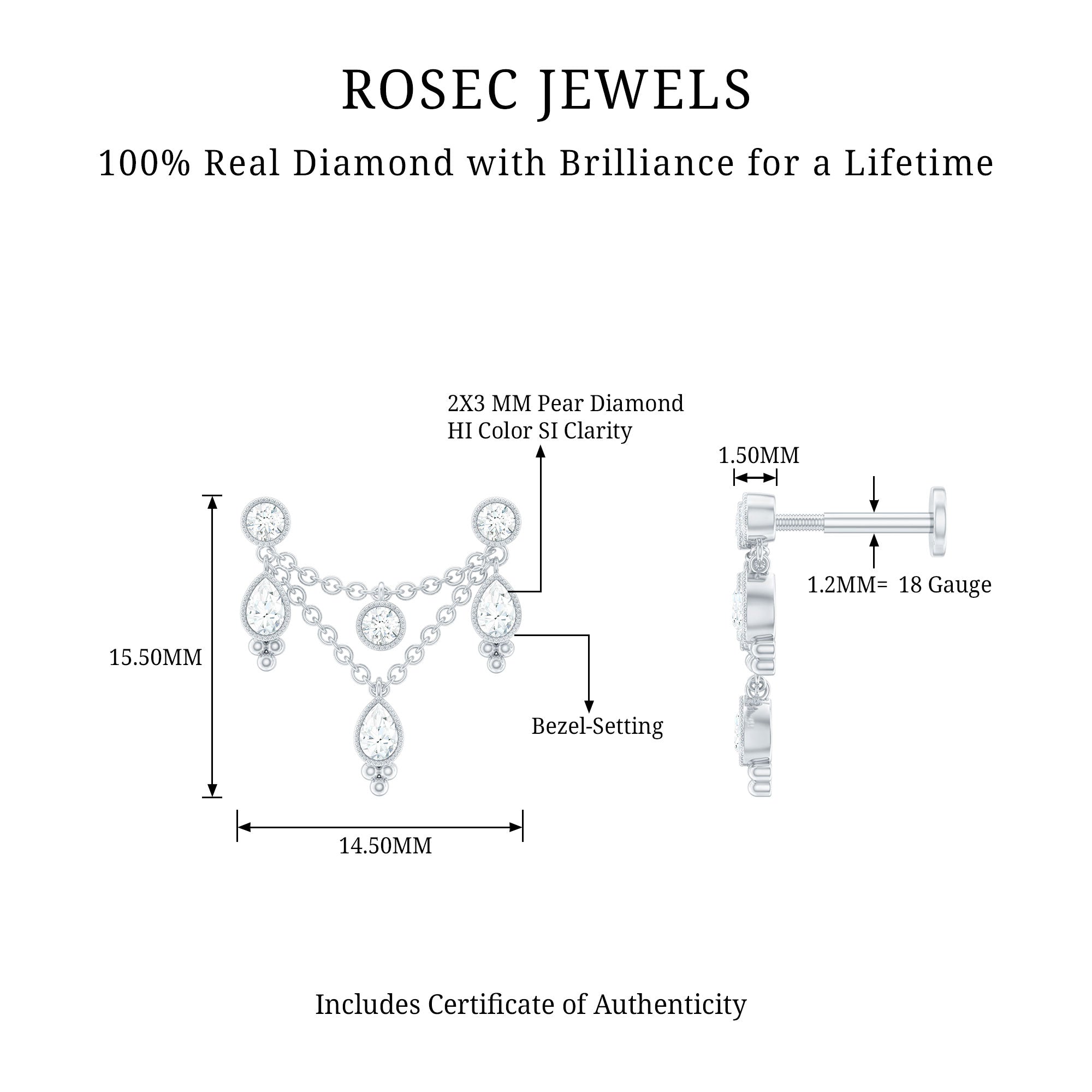 Vintage Inspired Diamond Chain Double Piercing Earring Natural - ( HI-SI ) - Rosec Jewels
