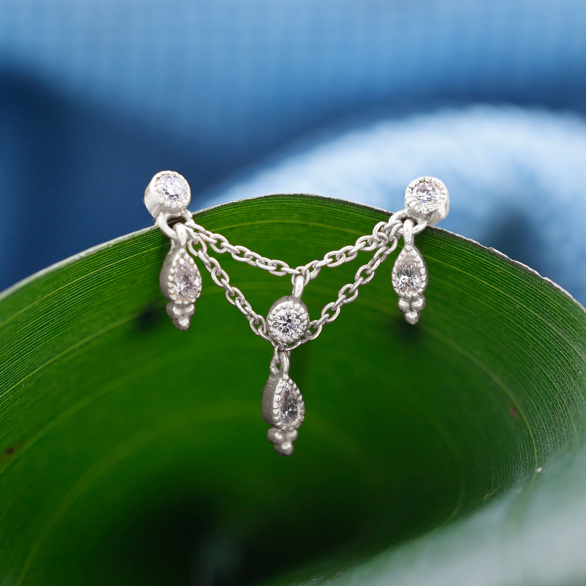 Vintage Inspired Diamond Chain Double Piercing Earring Natural - ( HI-SI ) - Rosec Jewels