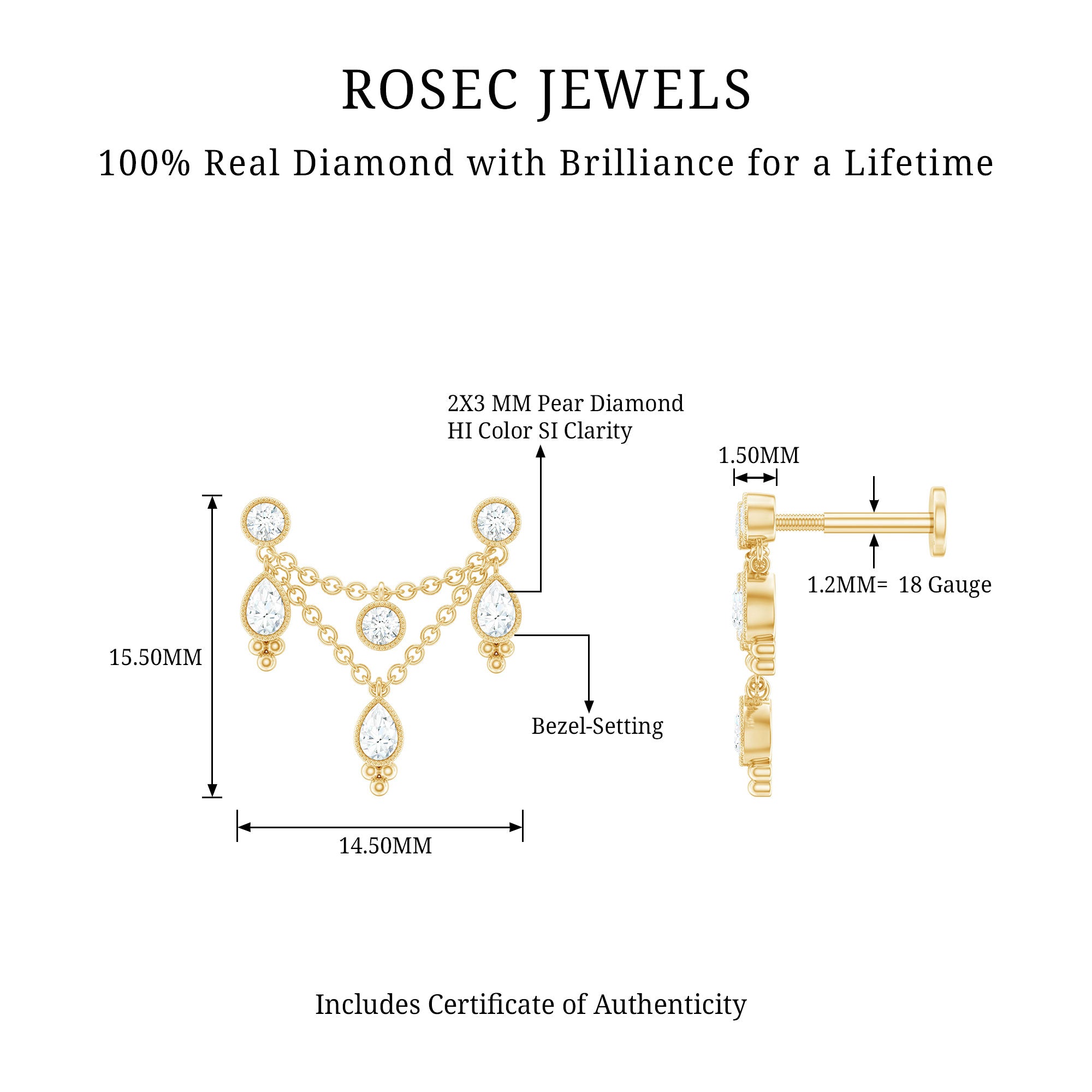 Vintage Inspired Diamond Chain Double Piercing Earring Natural - ( HI-SI ) - Rosec Jewels