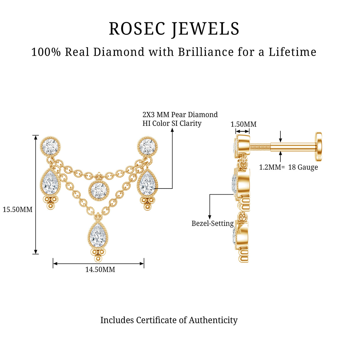 Vintage Inspired Diamond Chain Double Piercing Earring Natural - ( HI-SI ) - Rosec Jewels