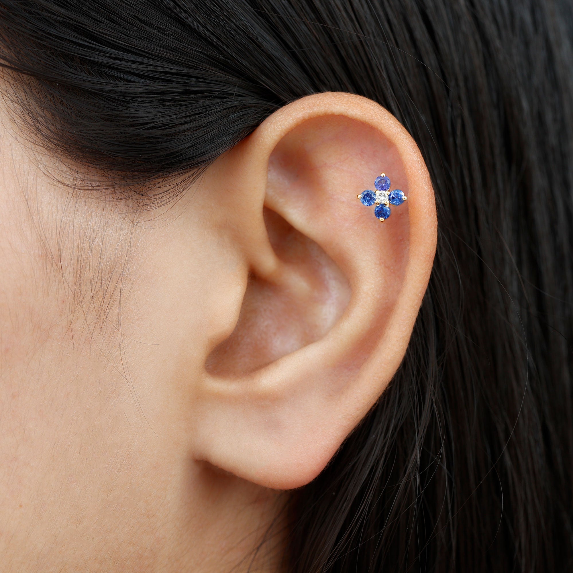 Natural Blue Sapphire Flower Earring for Rook Piercing AAA - Rosec Jewels