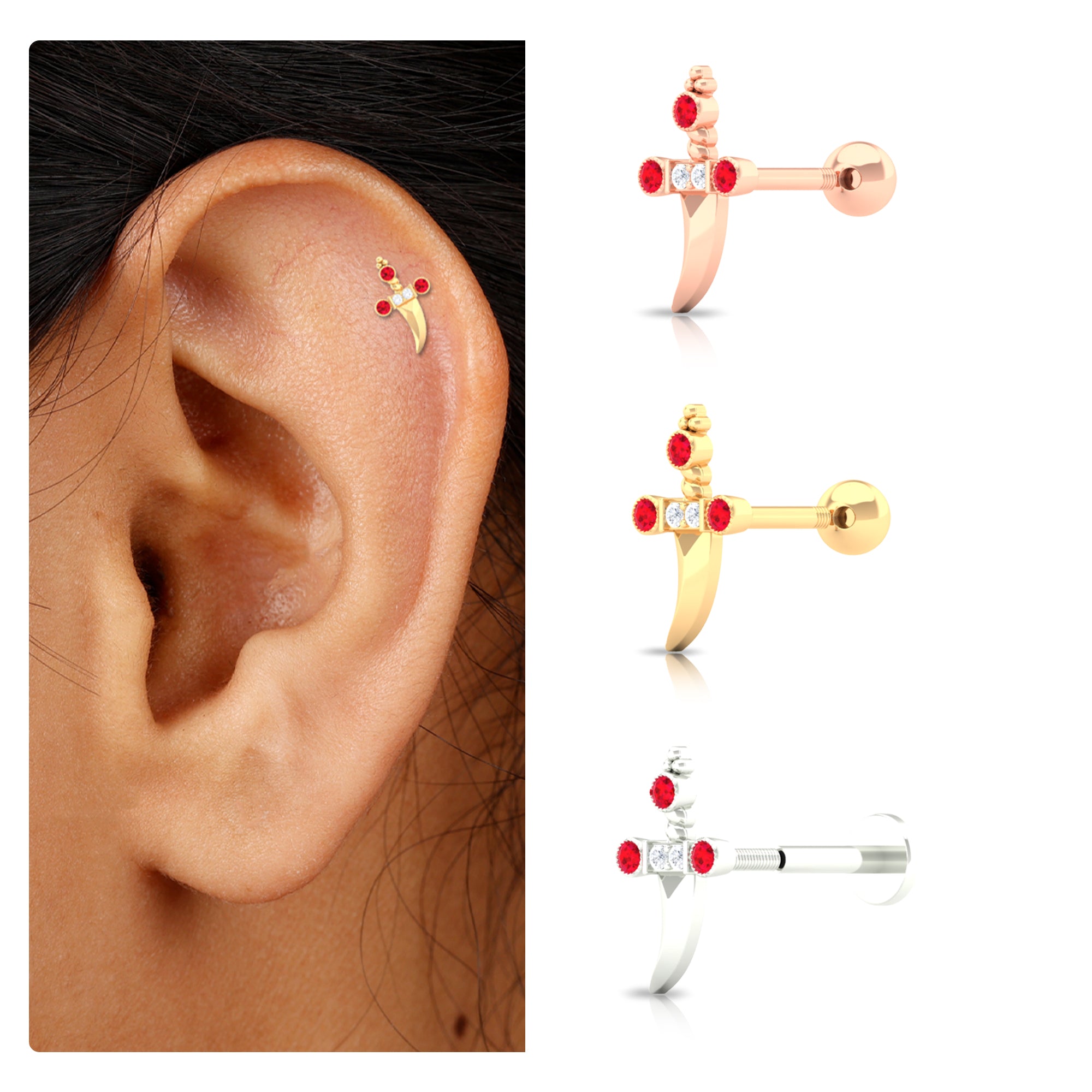 Real Ruby and Diamond Dagger Helix Earring AAA - Rosec Jewels