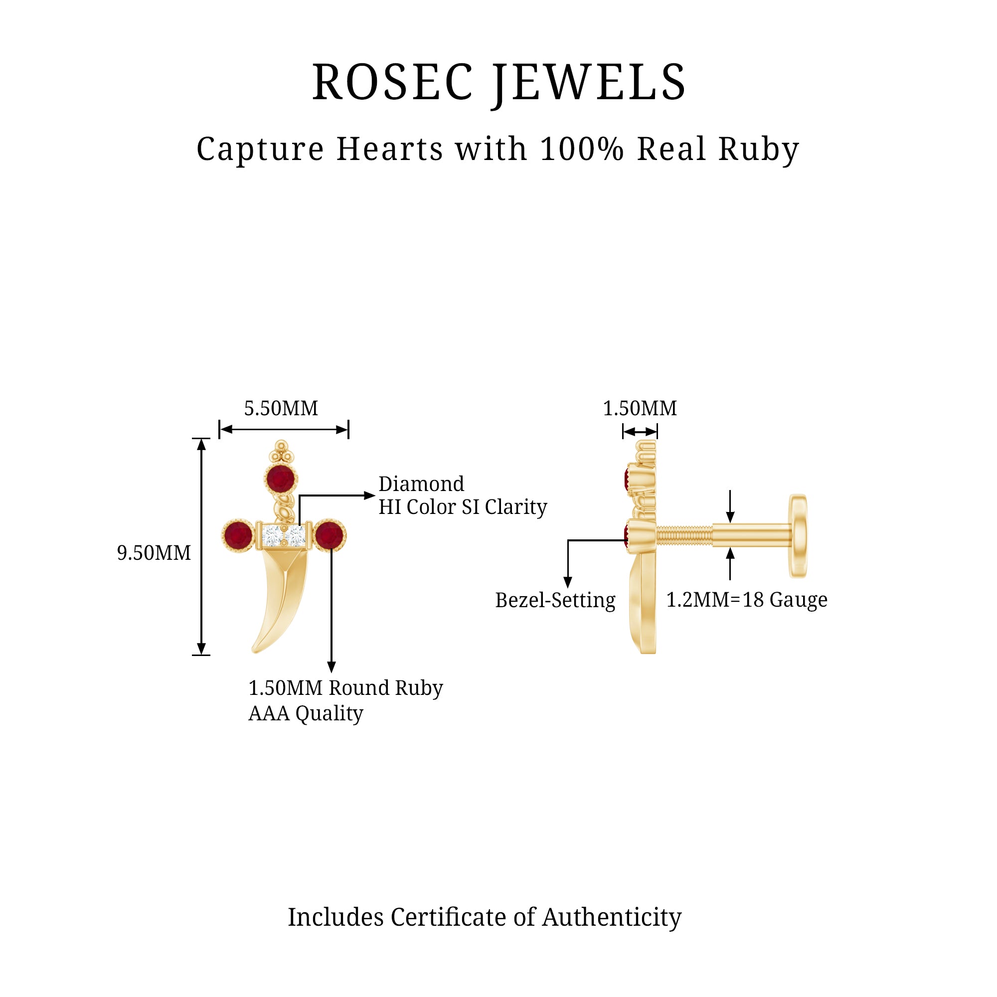 Real Ruby and Diamond Dagger Helix Earring AAA - Rosec Jewels