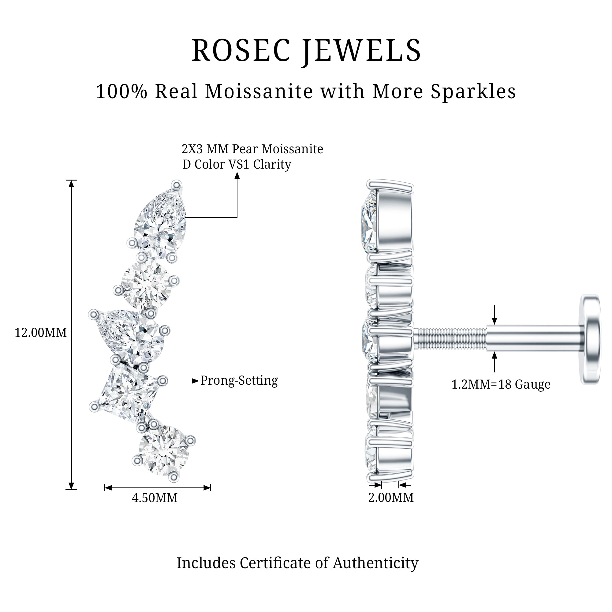 Certified Moissanite Crawler Earring in Prong Setting D-VS1 - Rosec Jewels