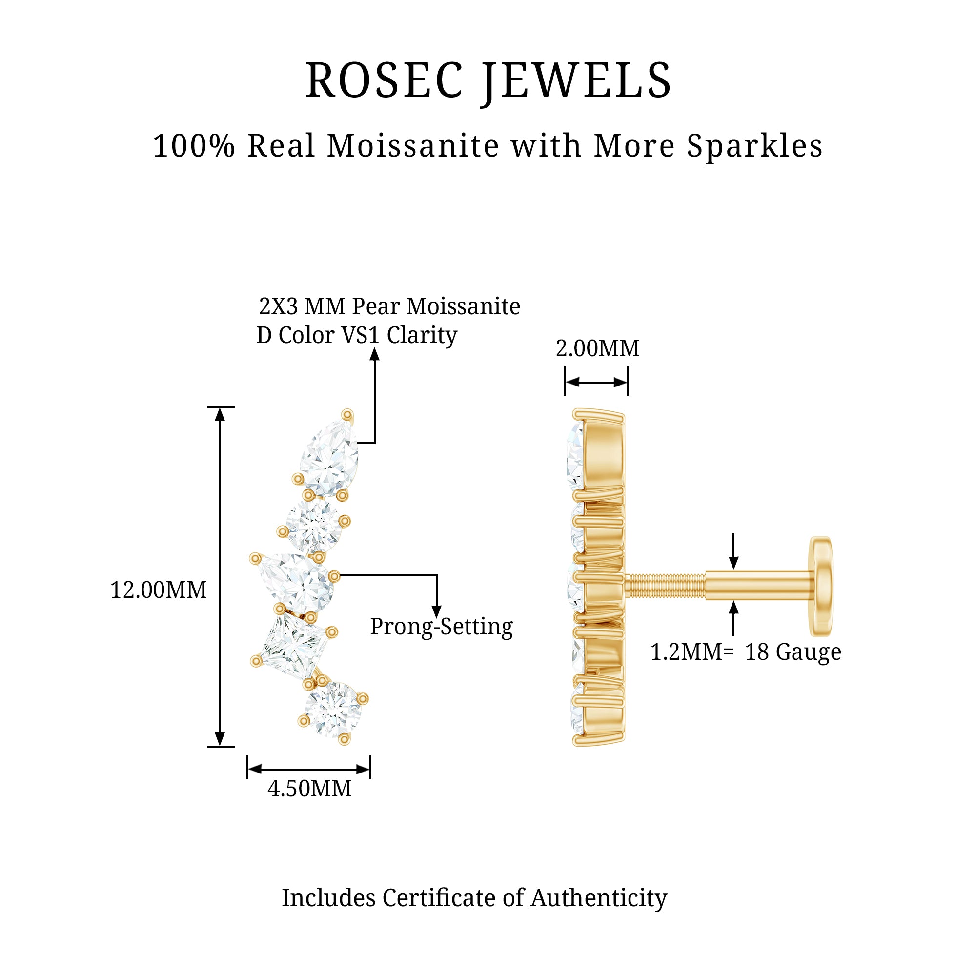 Certified Moissanite Crawler Earring in Prong Setting D-VS1 - Rosec Jewels
