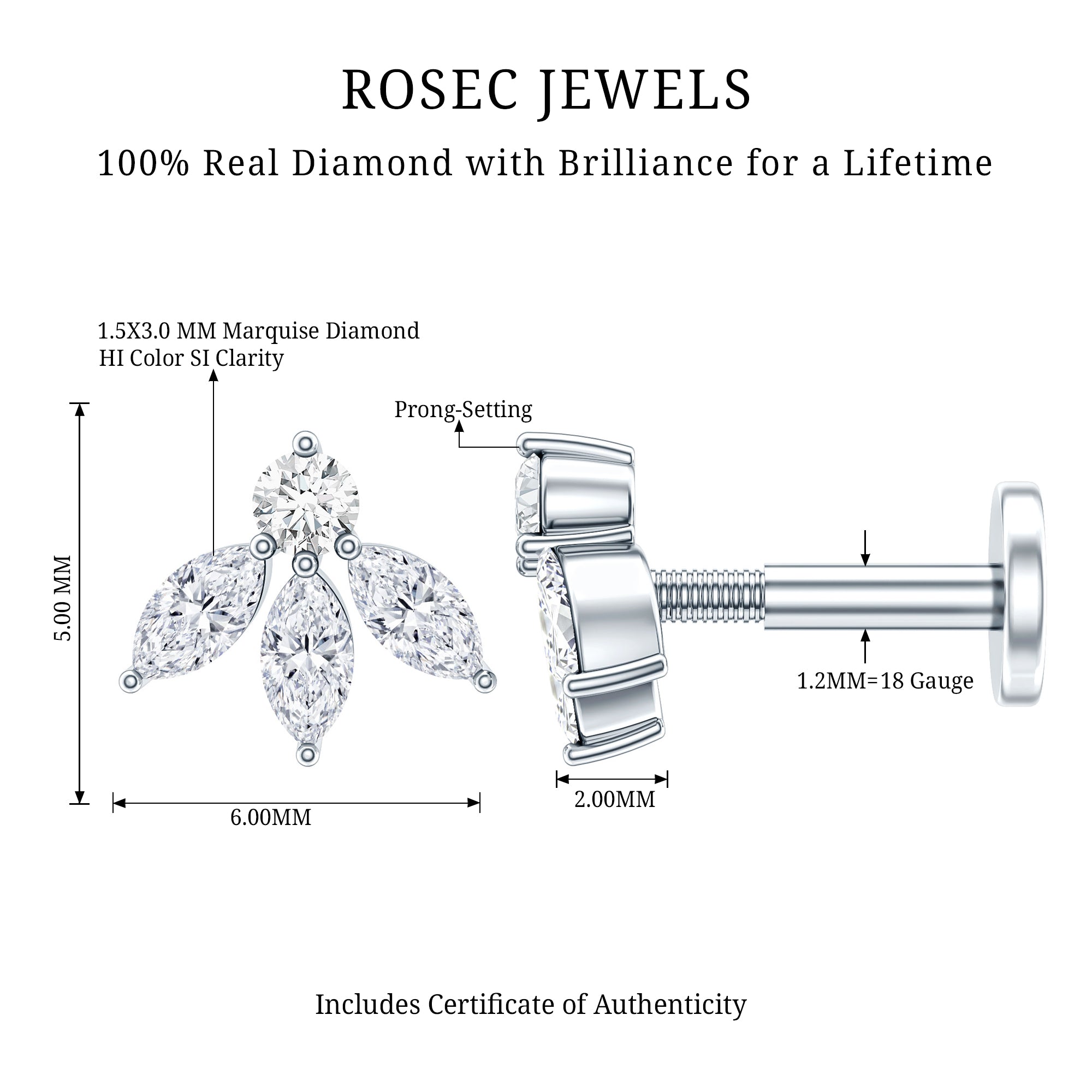 Marquise Shape Diamond Leaf Earring for Helix Piercing Natural - ( HI-SI ) - Rosec Jewels