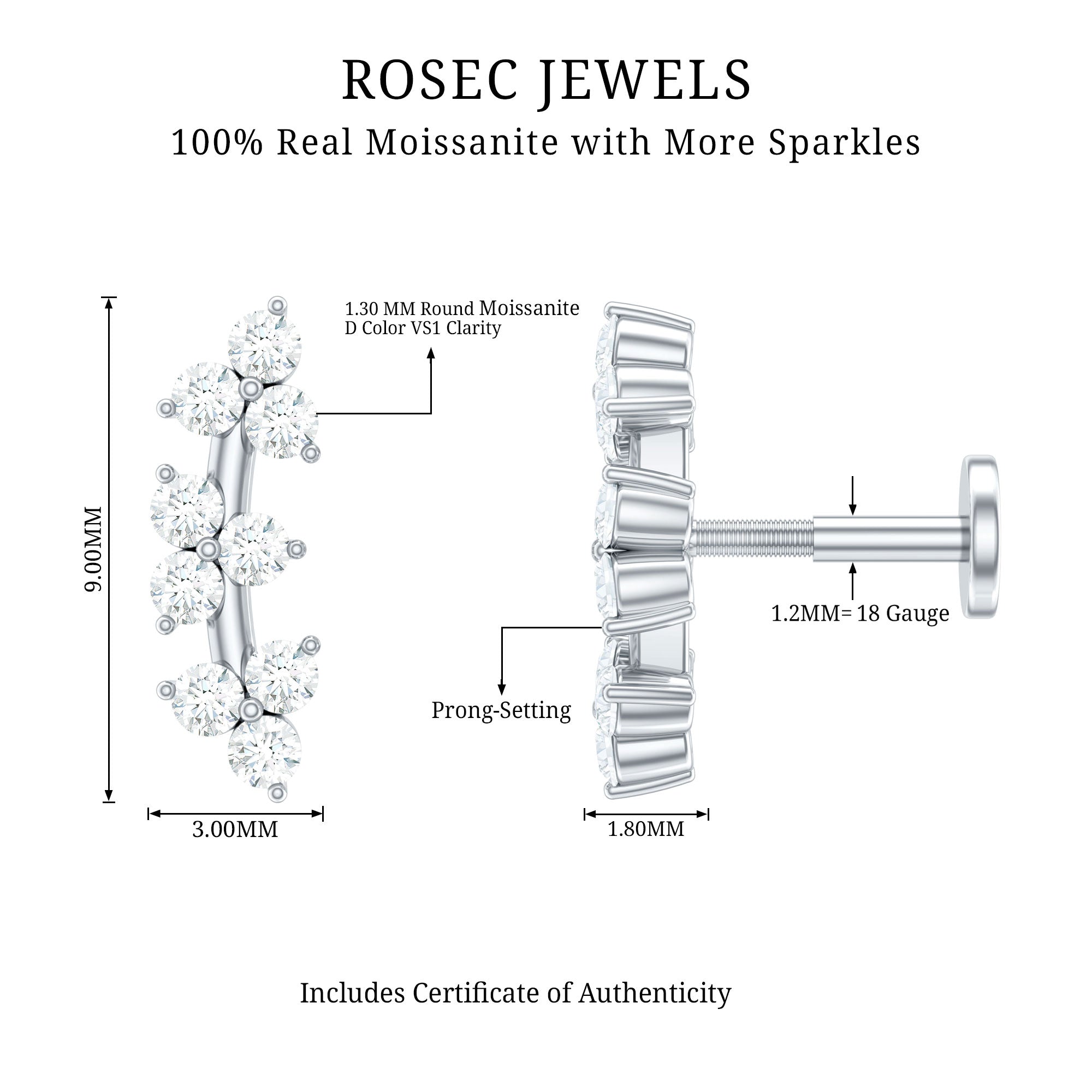 Unique Moissanite Cartilage Climber Earring D-VS1 - Rosec Jewels