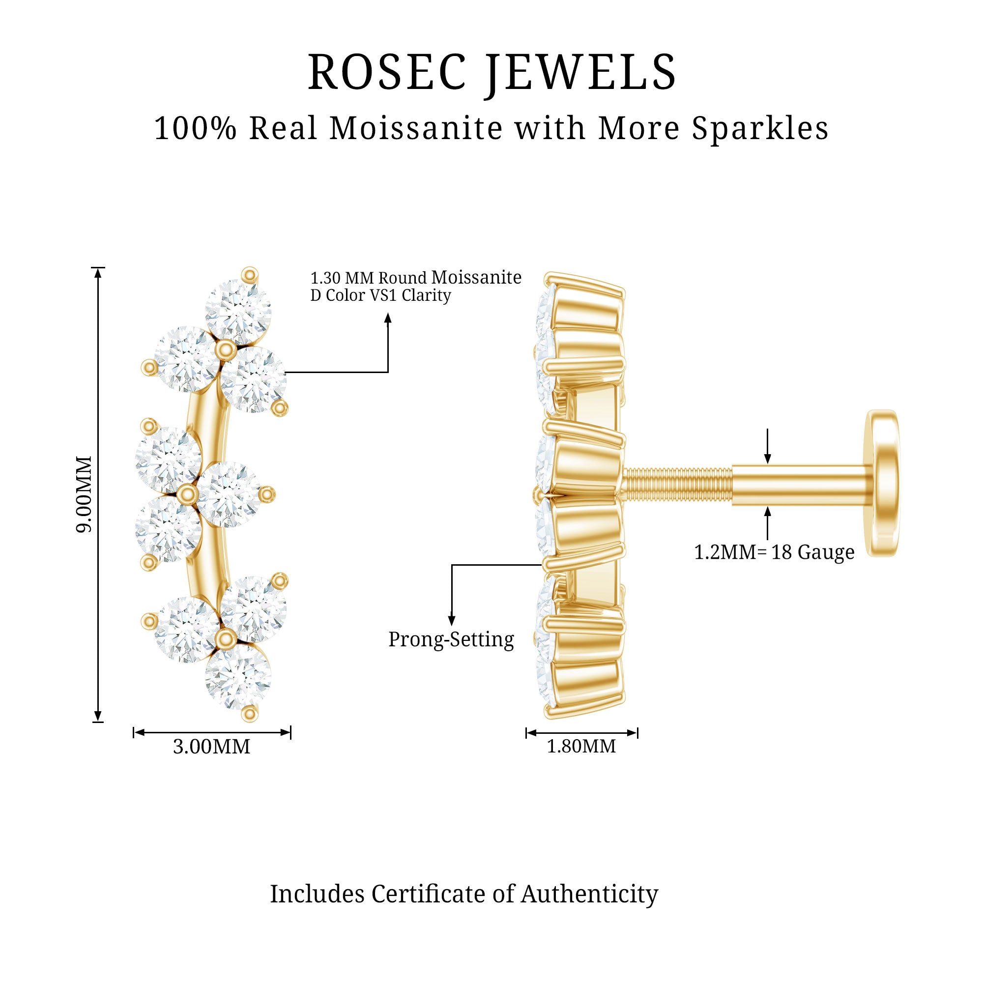 Unique Moissanite Cartilage Climber Earring D-VS1 - Rosec Jewels