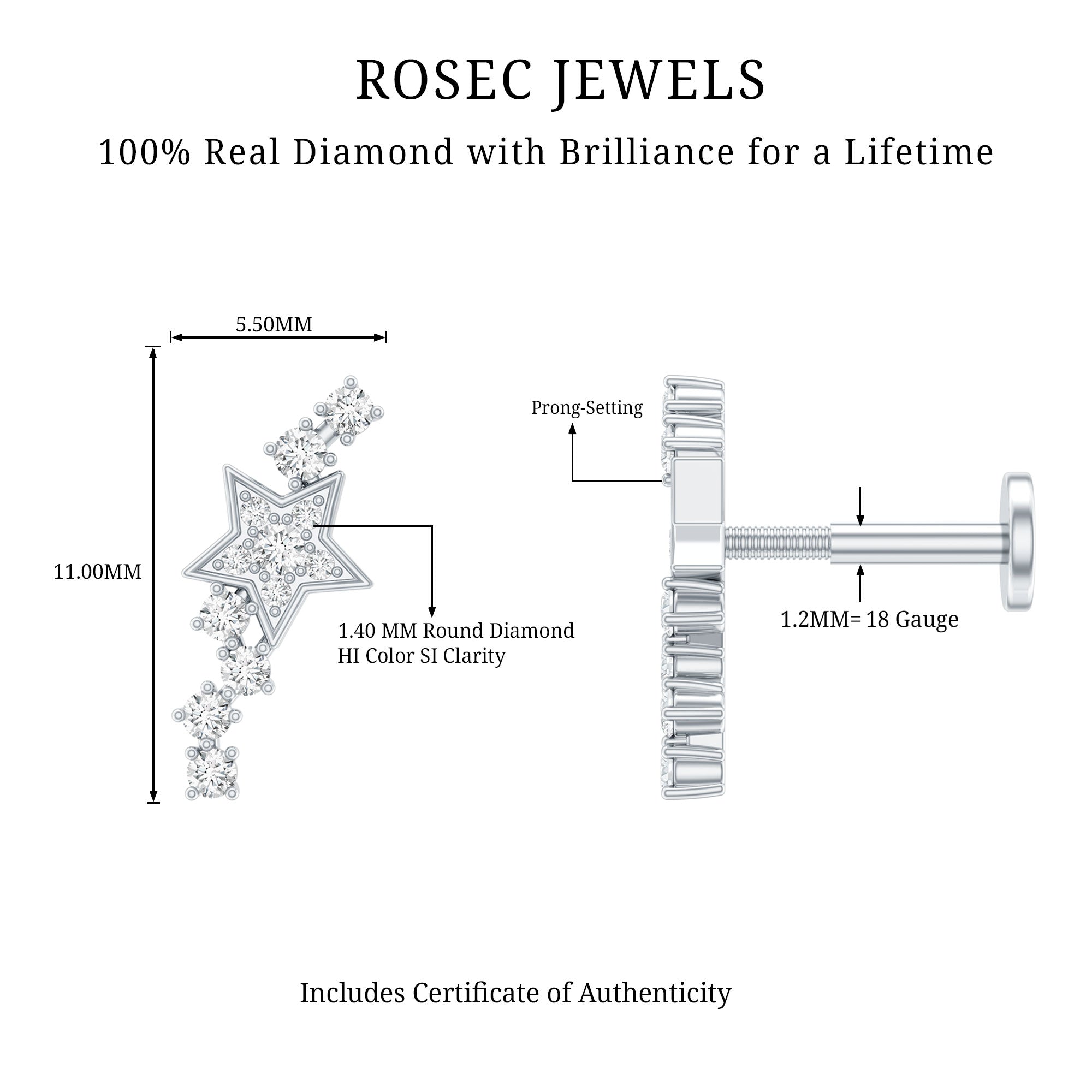 Certified Diamond Star Crawler Earring for Helix Piercing Natural - ( HI-SI ) - Rosec Jewels