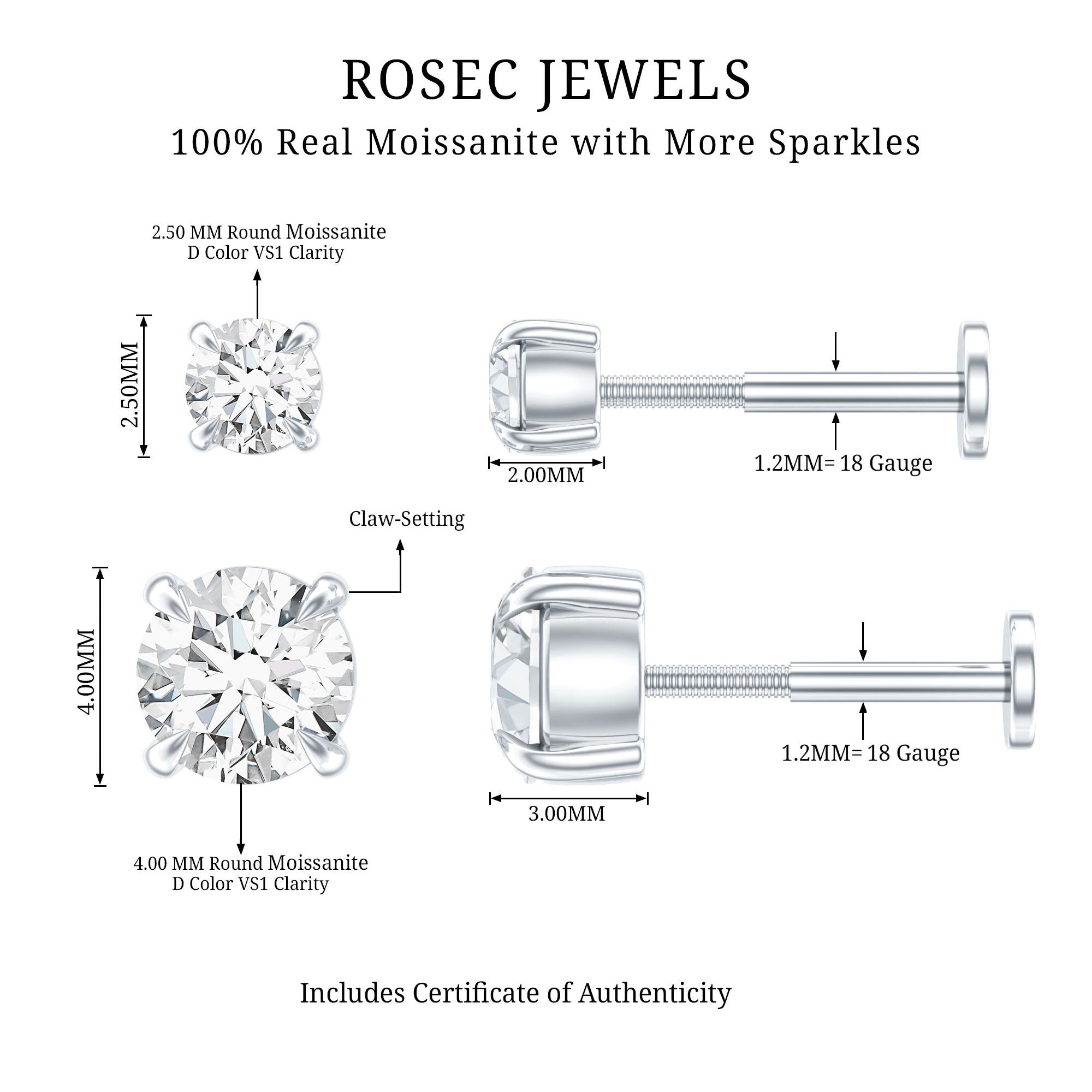 Solitaire Round Cut Moissanite Earring Set for Helix Piercing D-VS1 - Rosec Jewels