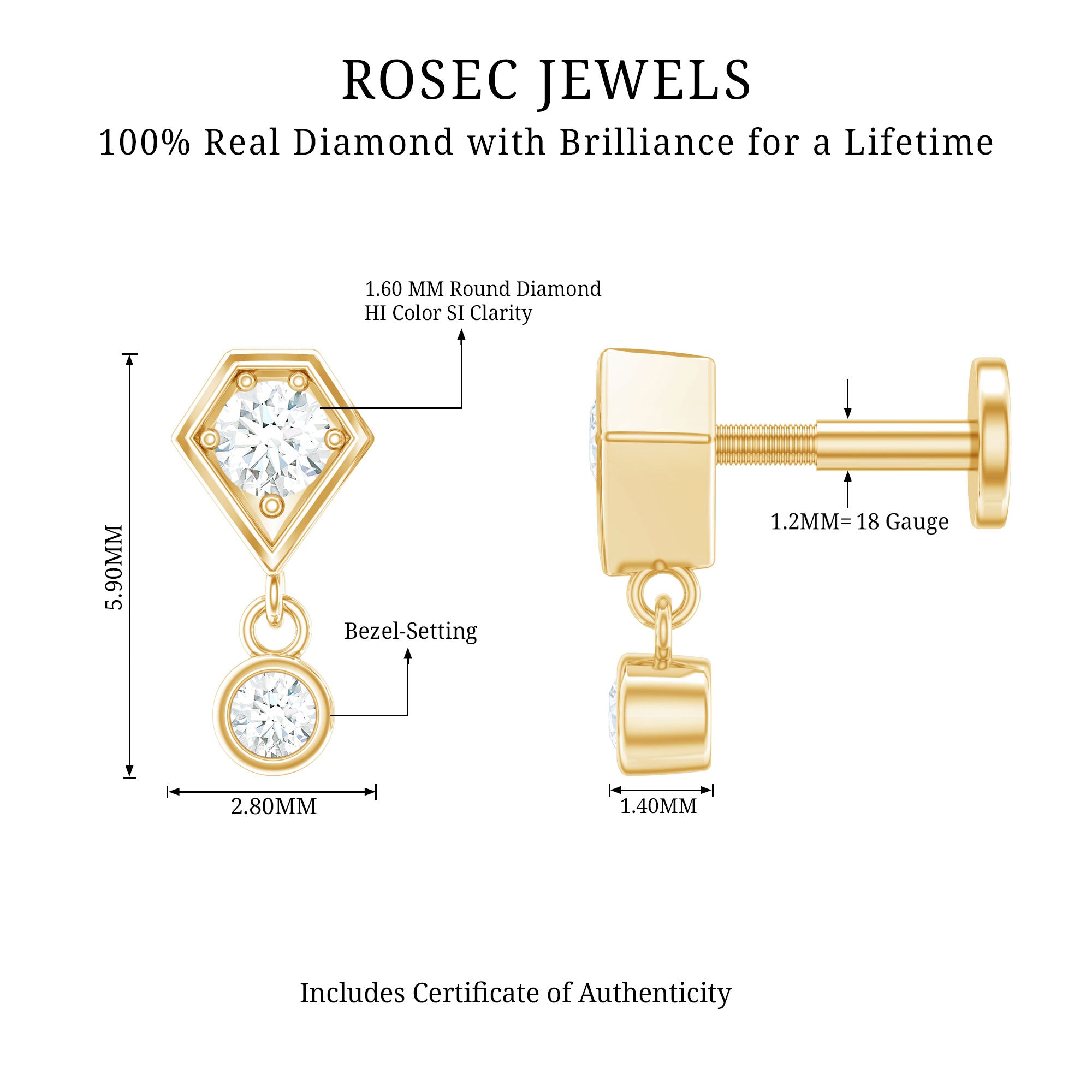 Round Cut Natural Diamond Drop Helix Earring Natural - ( HI-SI ) - Rosec Jewels