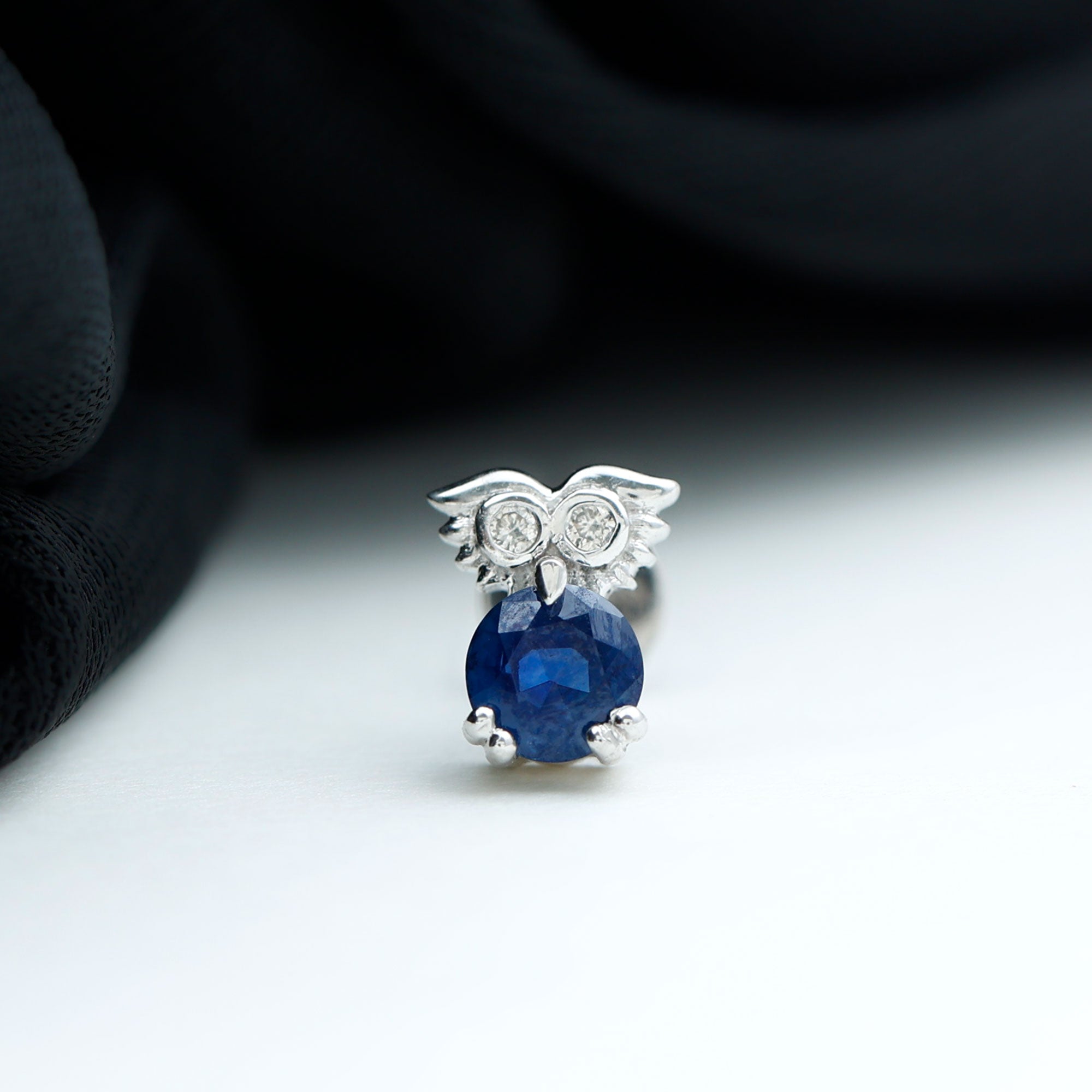 Blue Sapphire and Lab Grown Diamond Owl Helix Earring AAA - Rosec Jewels