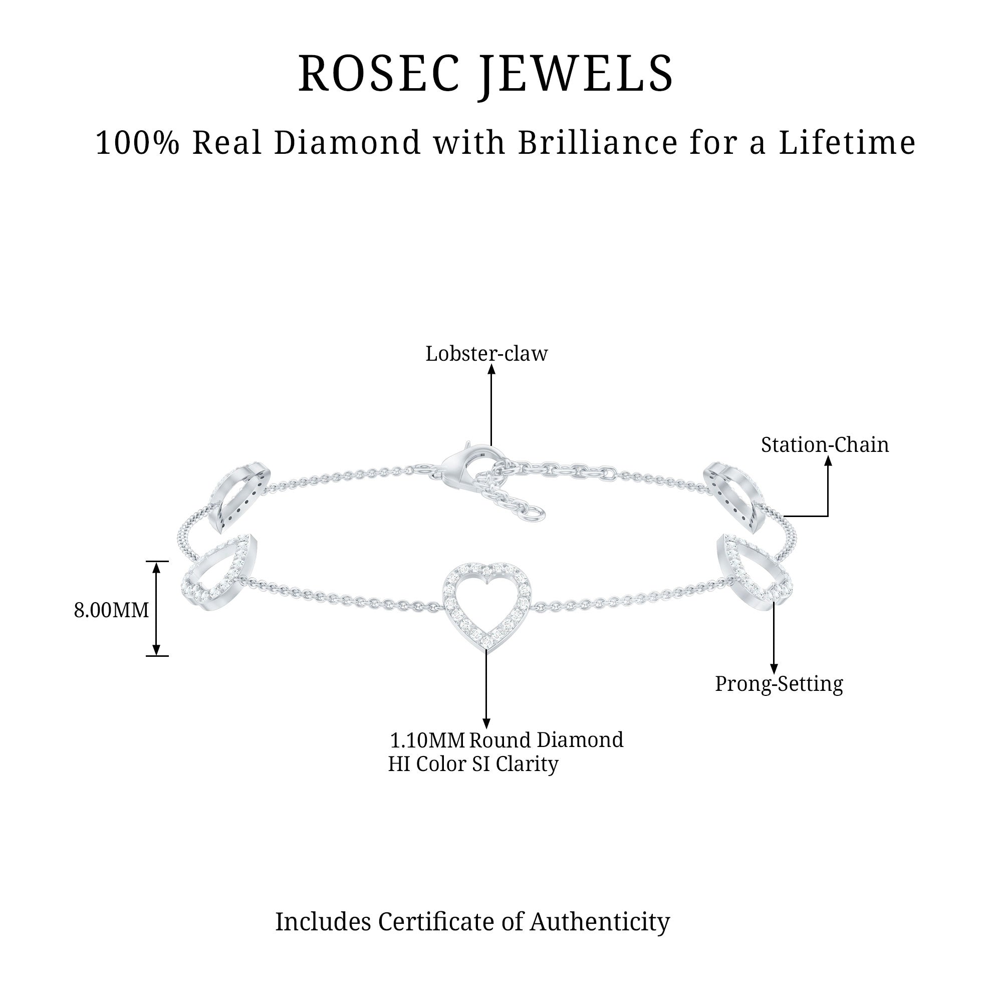 Certified Diamond Heart Chain Bracelet in Prong Setting Natural - ( HI-SI ) - Rosec Jewels