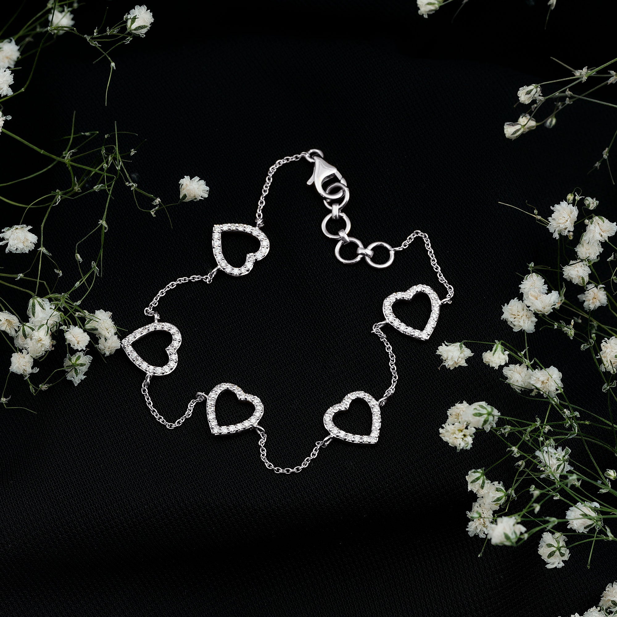 Certified Diamond Heart Chain Bracelet in Prong Setting Natural - ( HI-SI ) - Rosec Jewels
