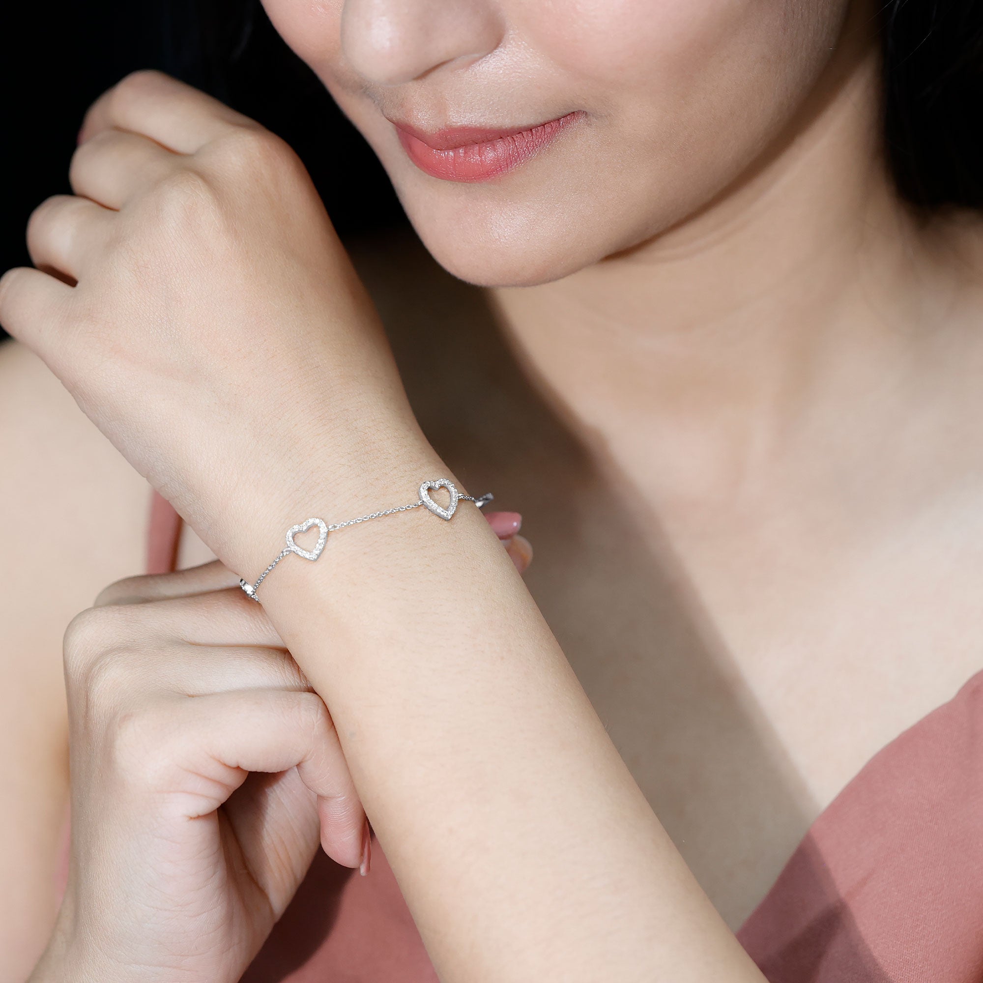 Certified Diamond Heart Chain Bracelet in Prong Setting Natural - ( HI-SI ) - Rosec Jewels