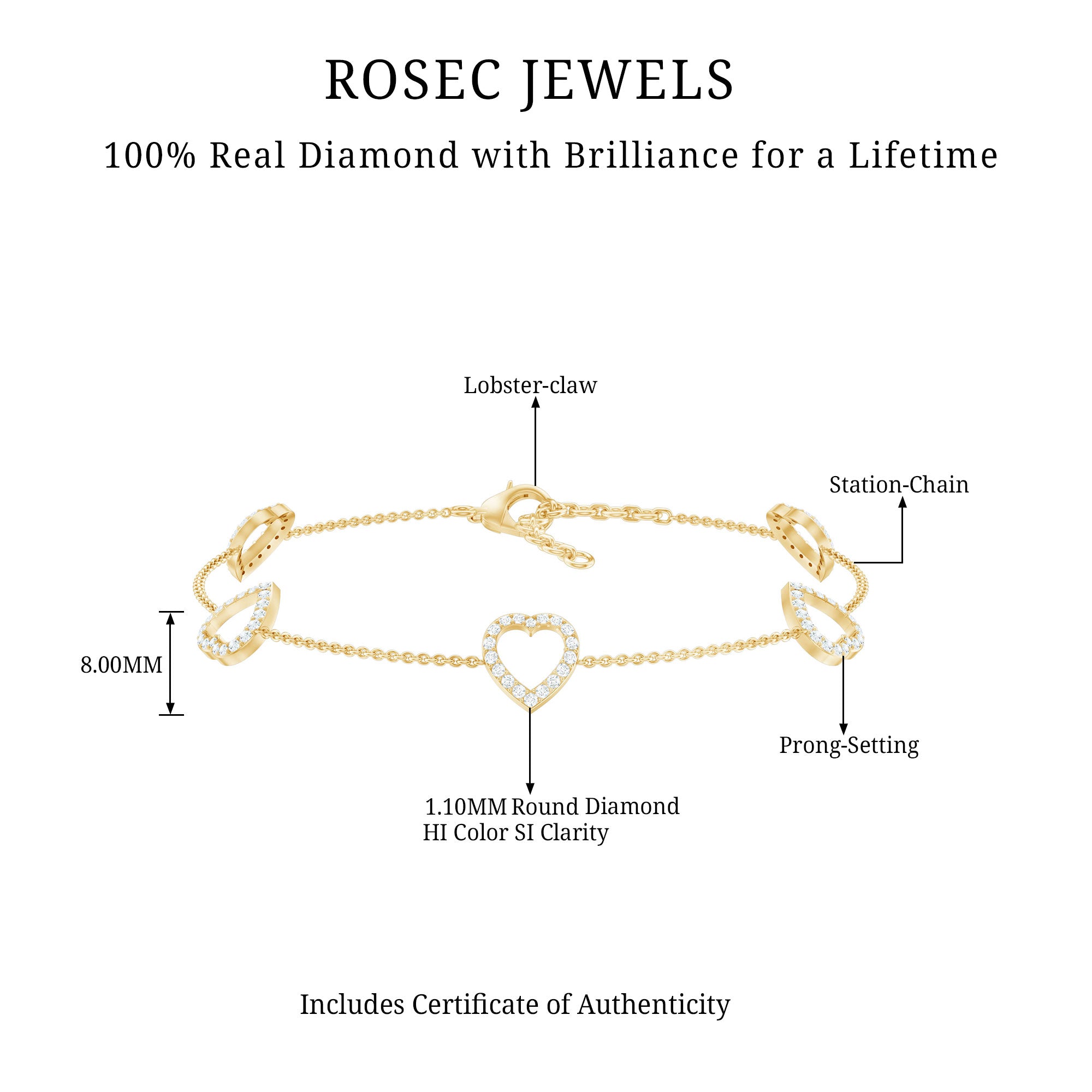 Certified Diamond Heart Chain Bracelet in Prong Setting Natural - ( HI-SI ) - Rosec Jewels