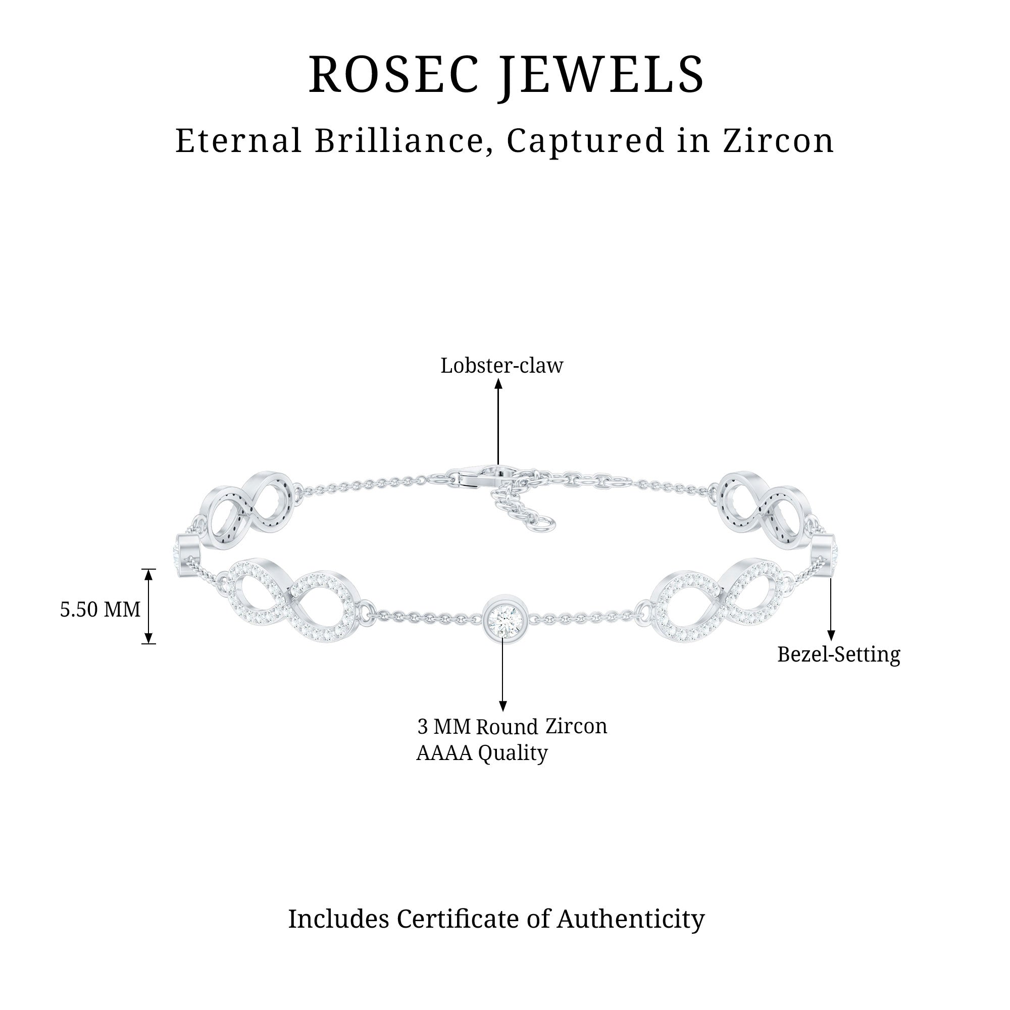 1.50 CT Zircon Infinity Station Chain Bracelet AAAA - Rosec Jewels
