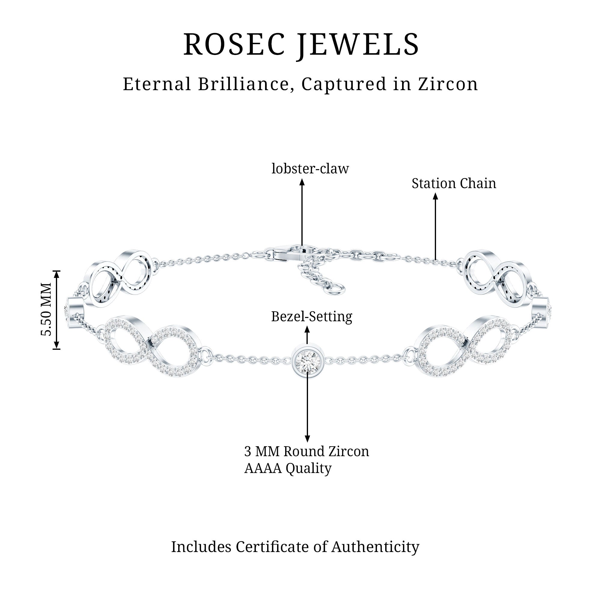 Cubic Zirconia Infinity Station Chain Bracelet AAAA - Rosec Jewels