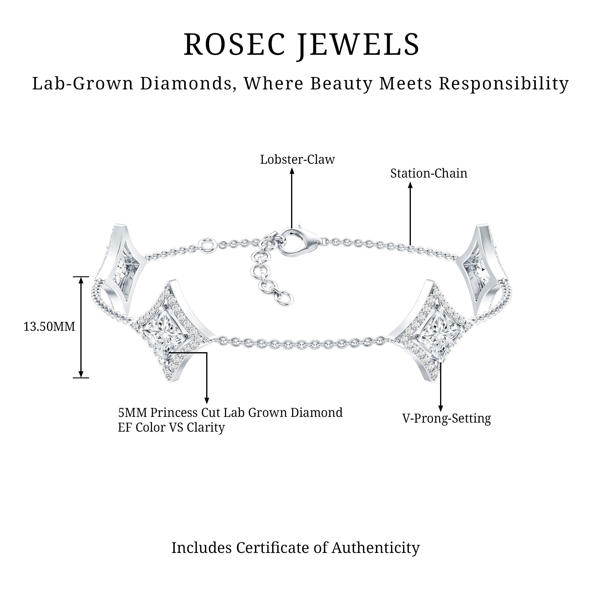 Certified Princess Cut Lab Grown Diamond Bridal Bracelet Lab - ( EF-VS ) - Rosec Jewels