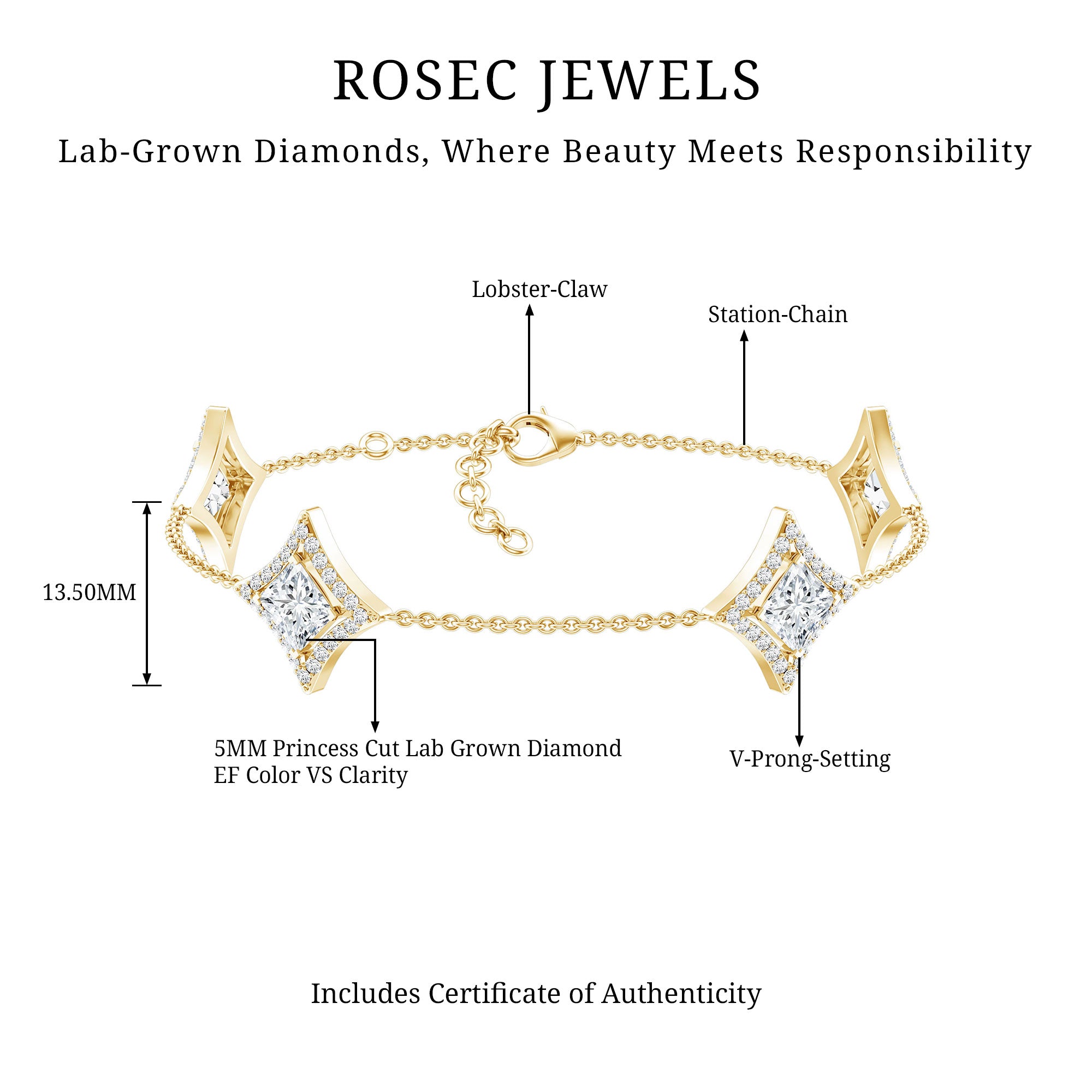 Certified Princess Cut Lab Grown Diamond Bridal Bracelet Lab - ( EF-VS ) - Rosec Jewels