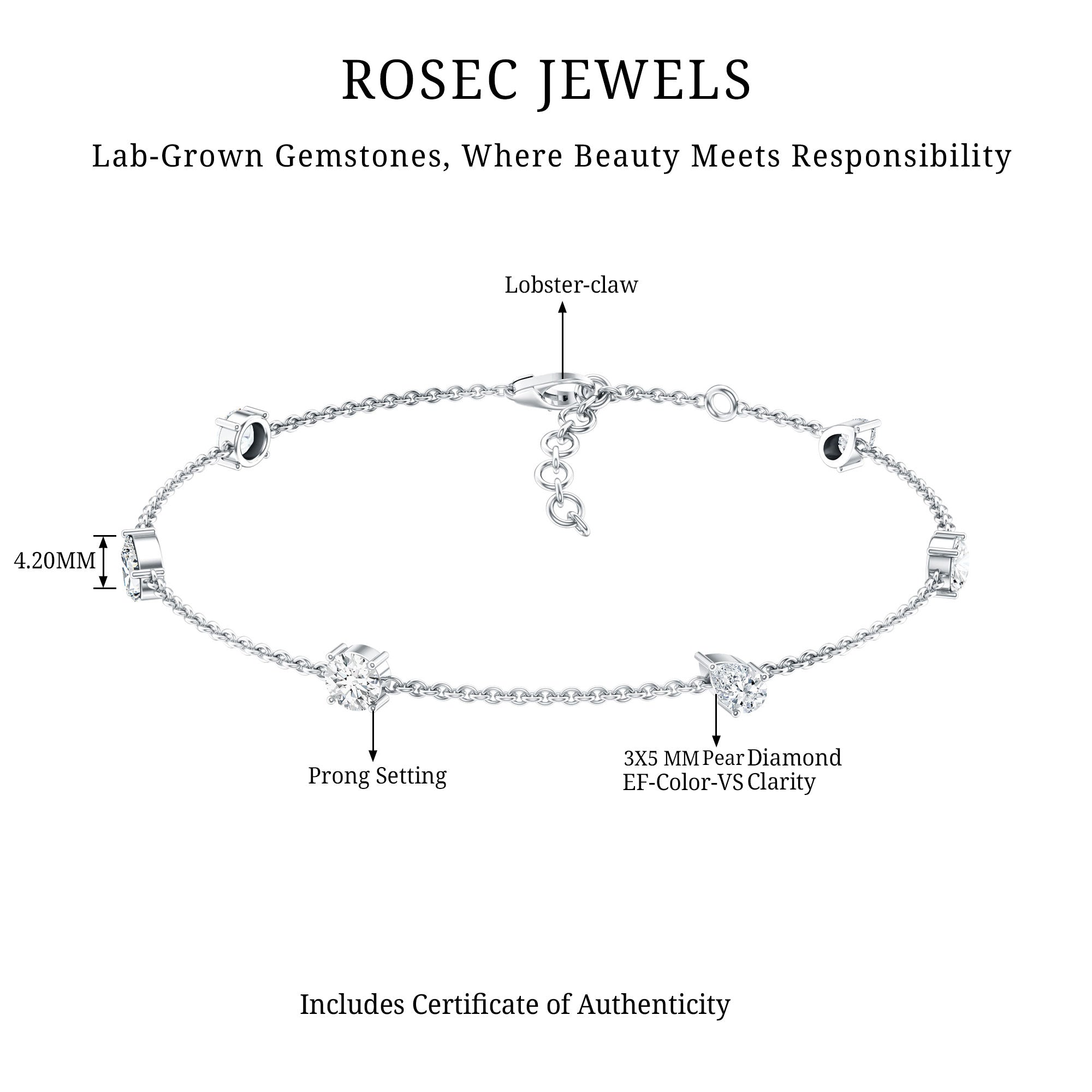 Certified Lab Grown Diamond Stackable Chain Bracelet Lab - ( EF-VS ) - Rosec Jewels