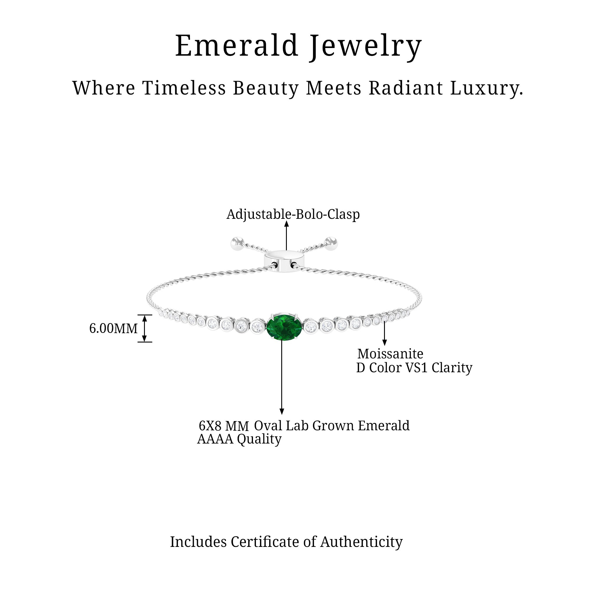 Certified 1.2 Carat Oval Lab Grown Emerald Bolo Bracelet with Diamond AAAA - Rosec Jewels