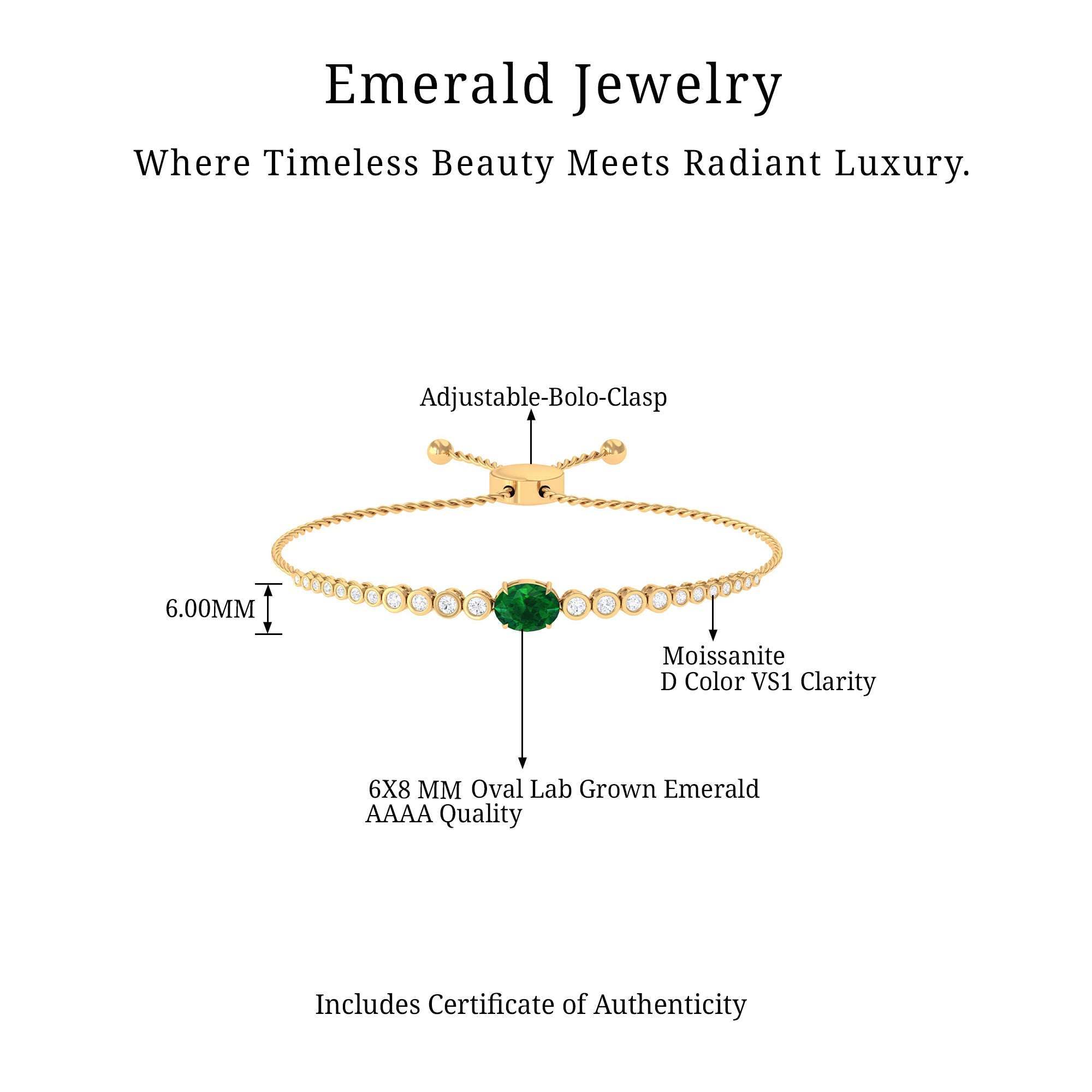 Certified 1.2 Carat Oval Lab Grown Emerald Bolo Bracelet with Diamond AAAA - Rosec Jewels
