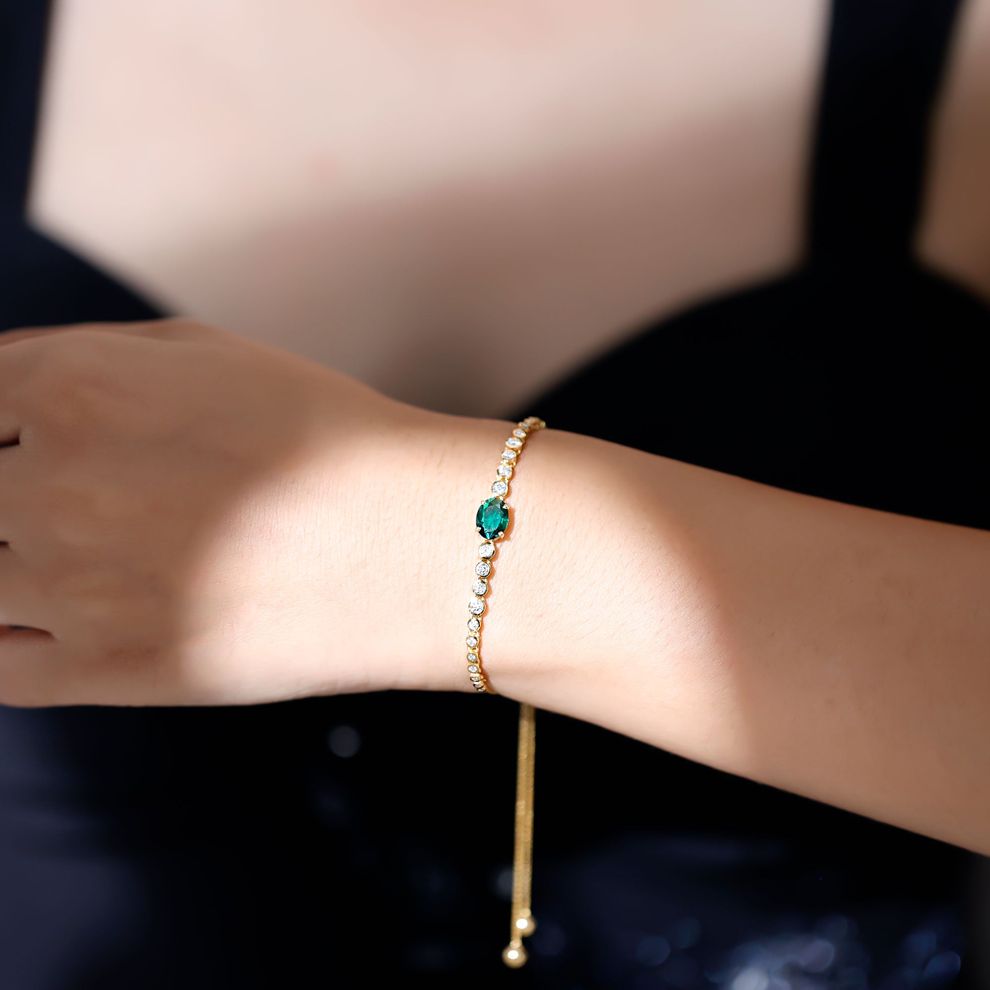 Certified 1.2 Carat Oval Lab Grown Emerald Bolo Bracelet with Diamond AAAA - Rosec Jewels
