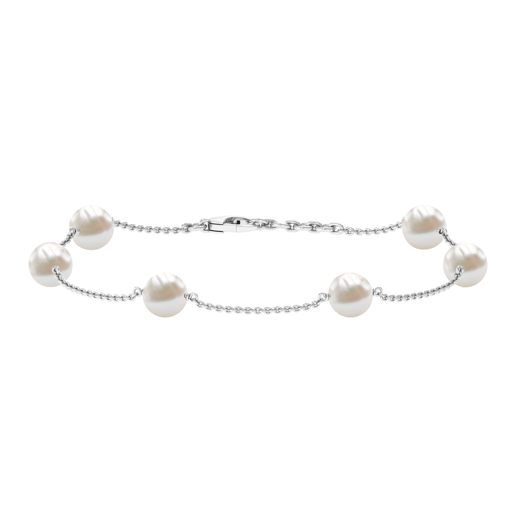 6mm Round Freshwater White Pearl Station Chain Bracelet