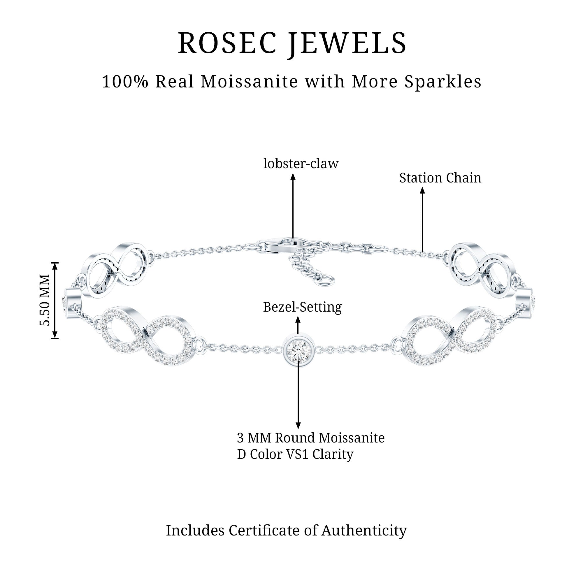 Certified Moissanite Infinity Chain Bracelet D-VS1 - Rosec Jewels